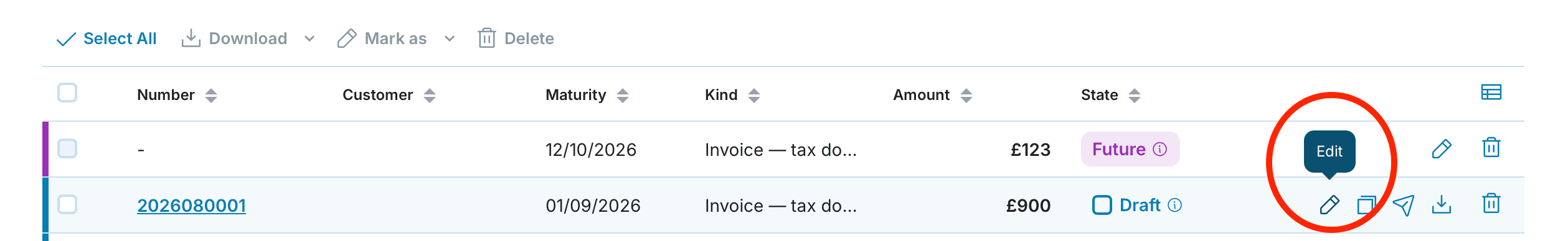 A draft invoice edit preview