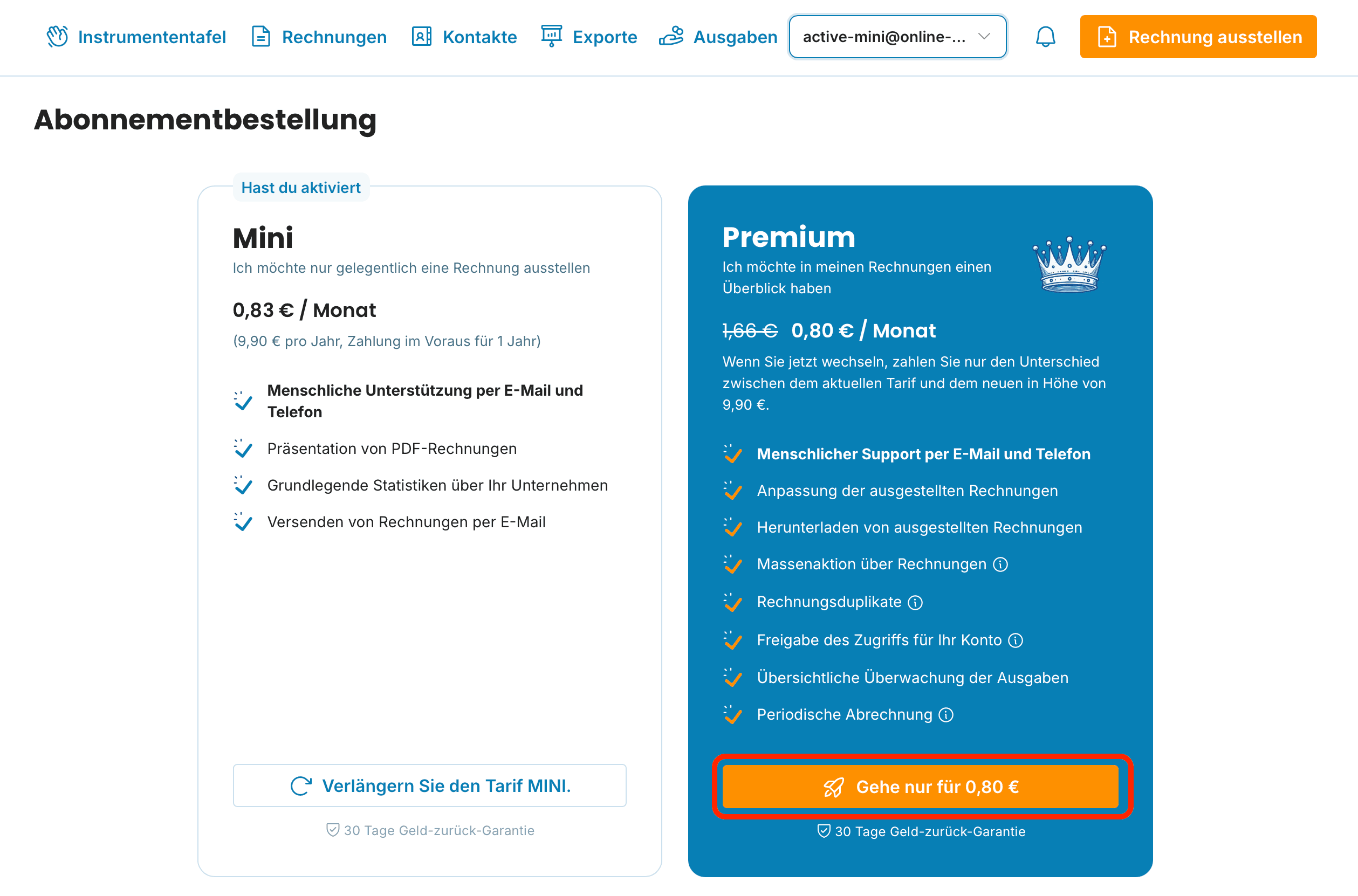 Abonnementbestellung – Premium-Tarif auswählen
