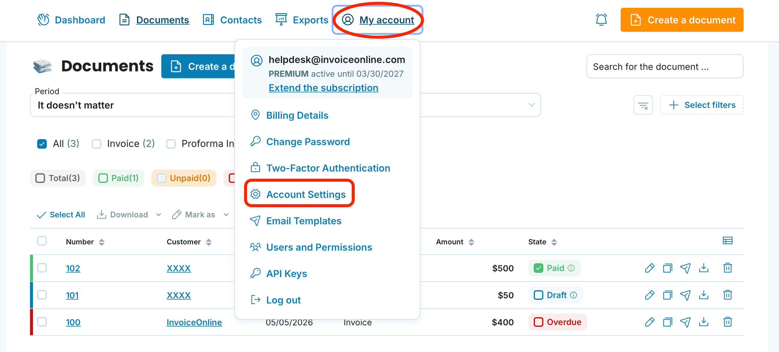 Account settings preview