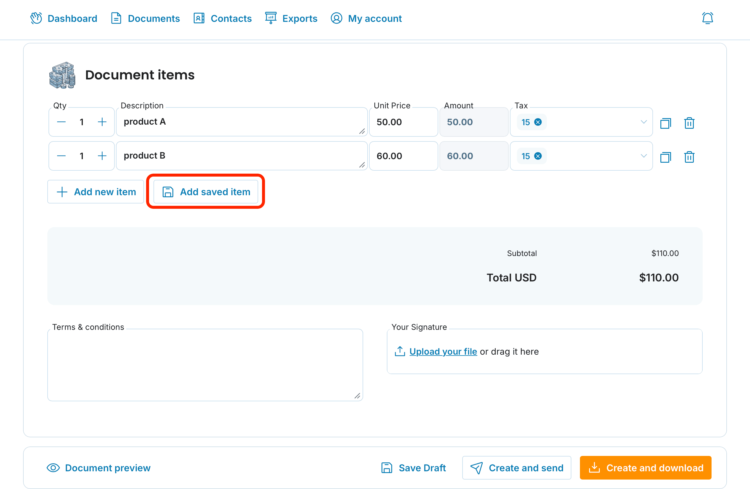 Add saved item preview