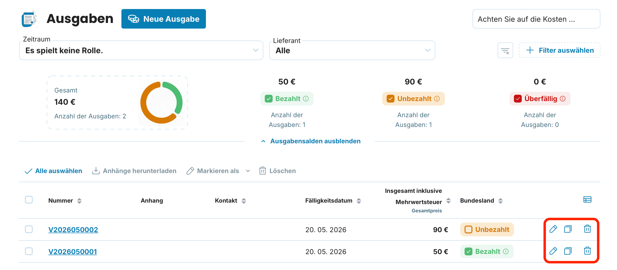 Arbeiten mit Ausgaben in der Liste preview