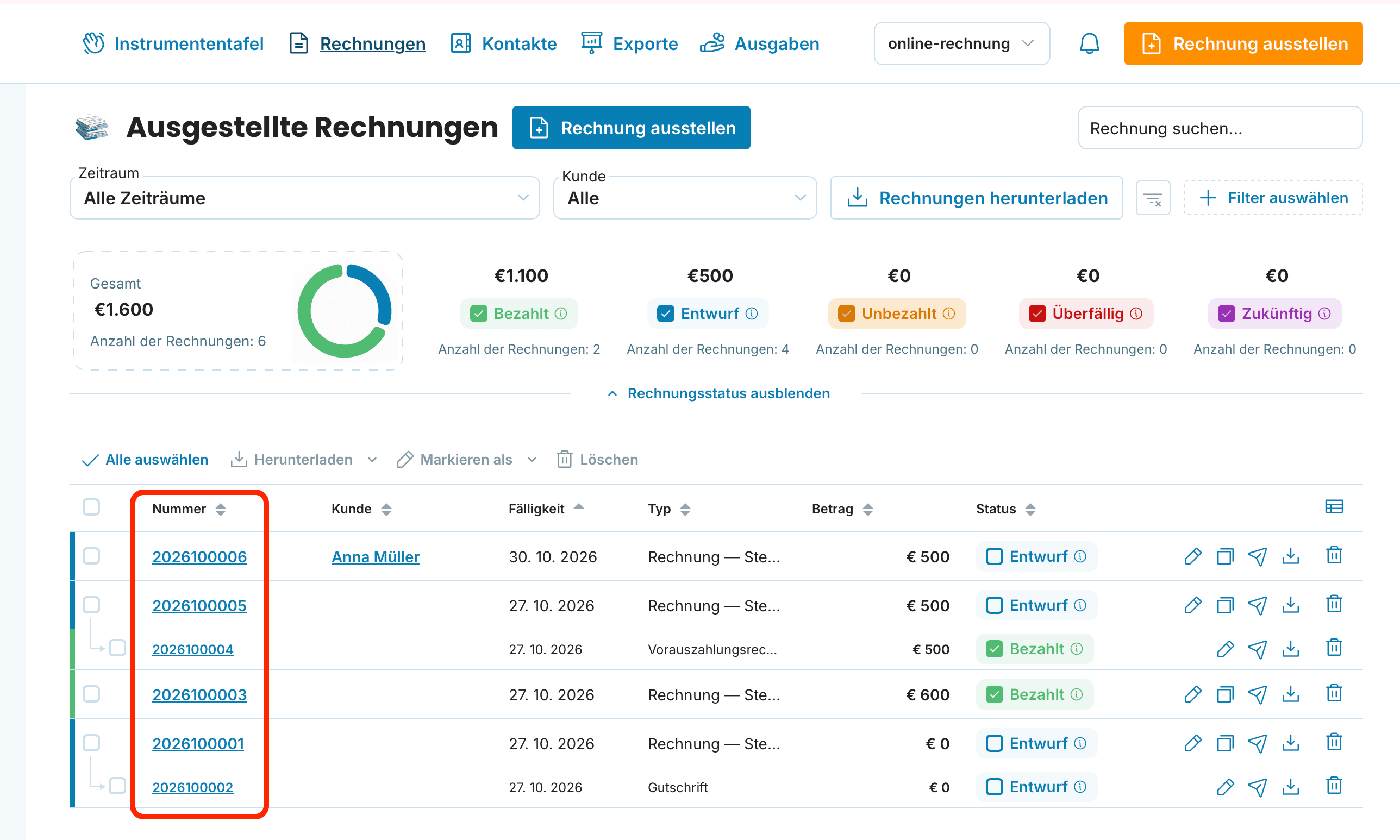 Ausgestellte Rechnungen“ – Klick auf die Rechnungsnummer preview