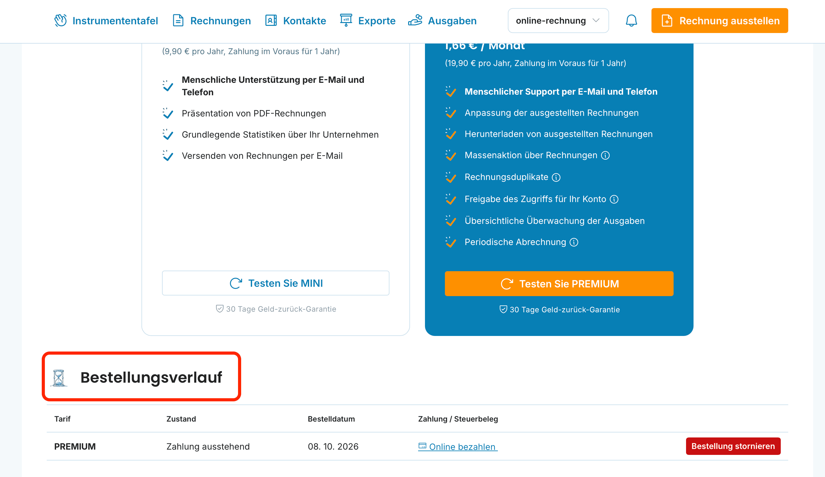 Bestellungsverlauf mit Spalte Zahlung / Steuerbeleg