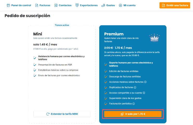 Cambio al plan PREMIUM en la cuenta preview