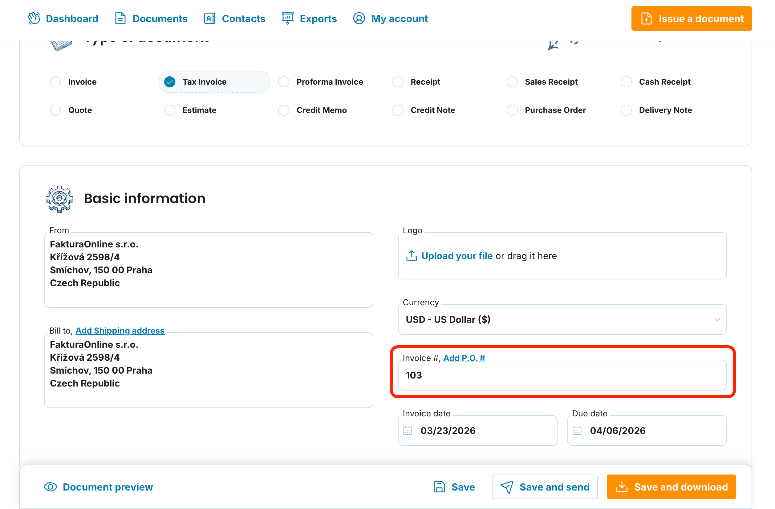 Change of invoice number preview