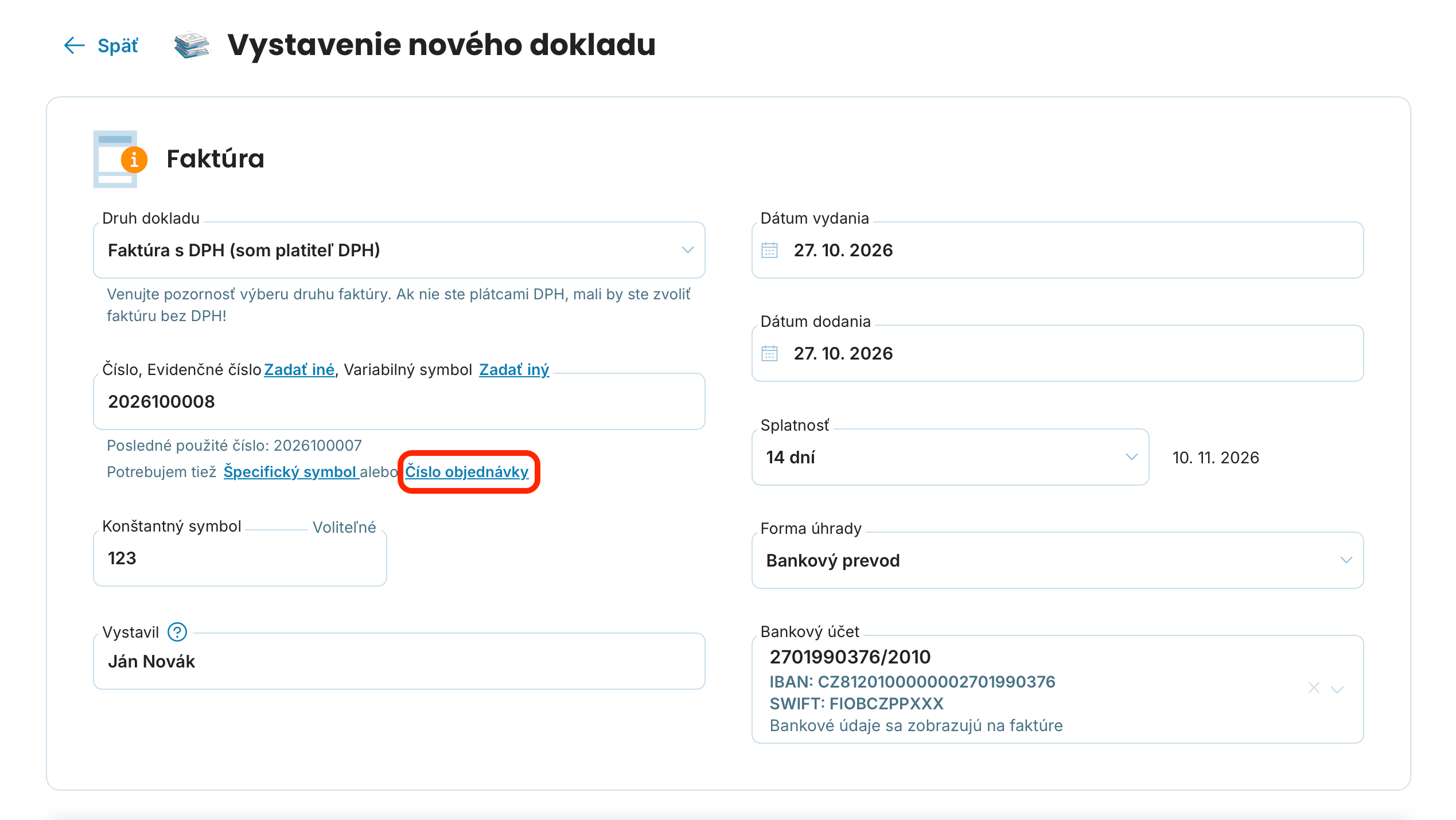 Číslo objednávky preview