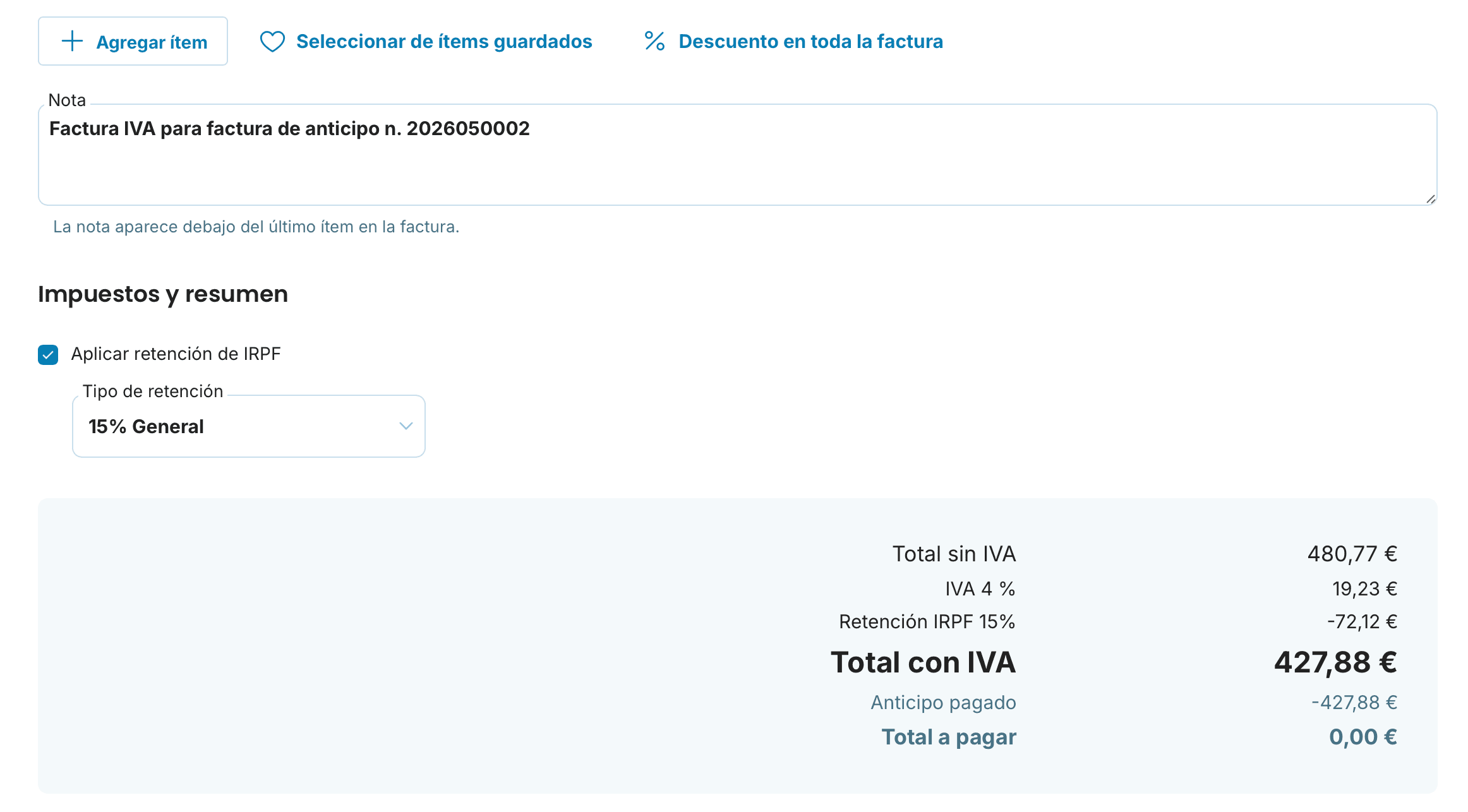 Cómo crear una factura final desde una factura de anticipo - ES - 2