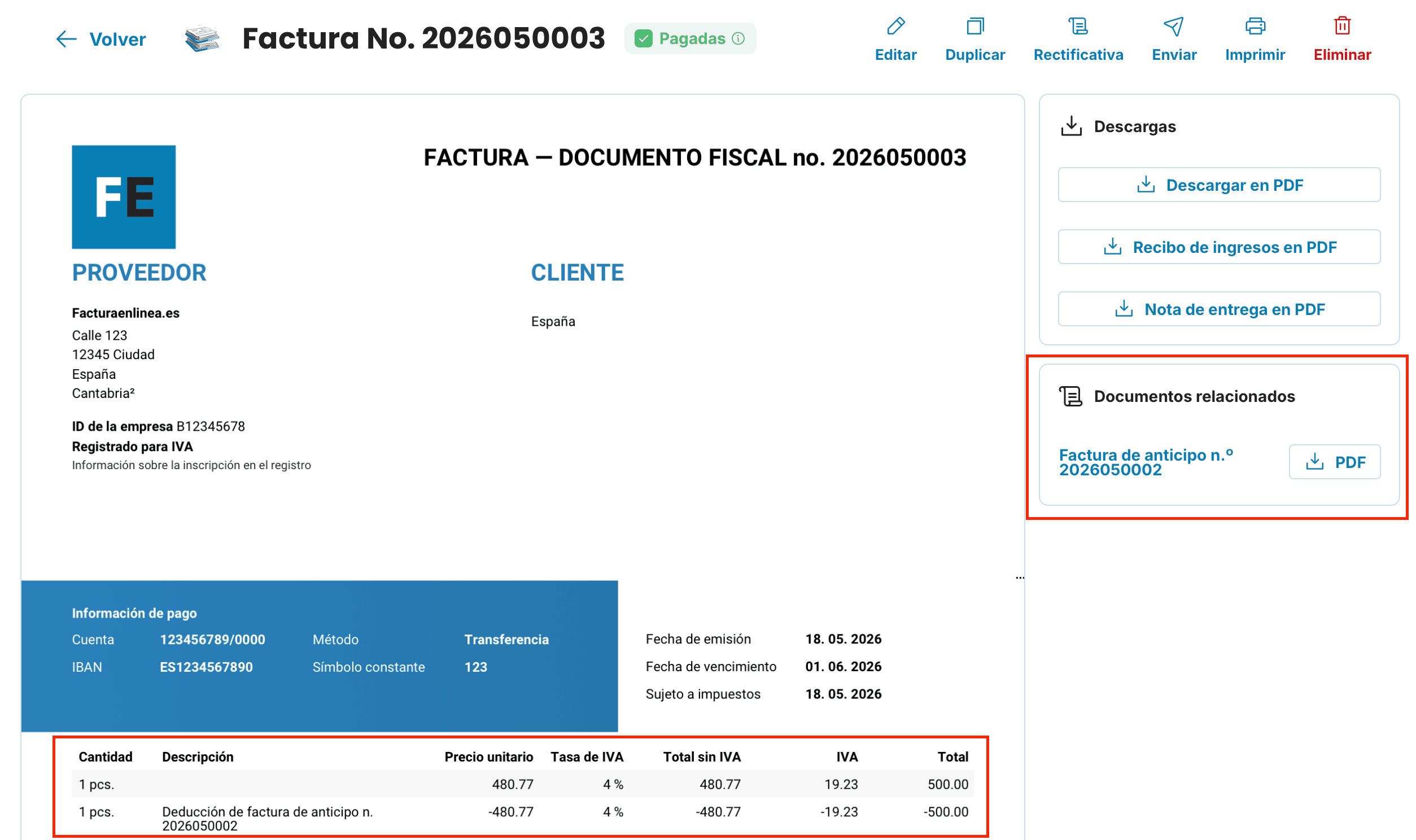 Cómo crear una factura final desde una factura de anticipo - ES - 4