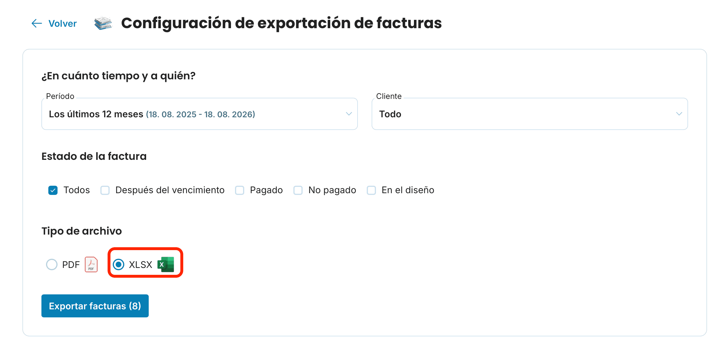 Configuración de exportación de facturas preview