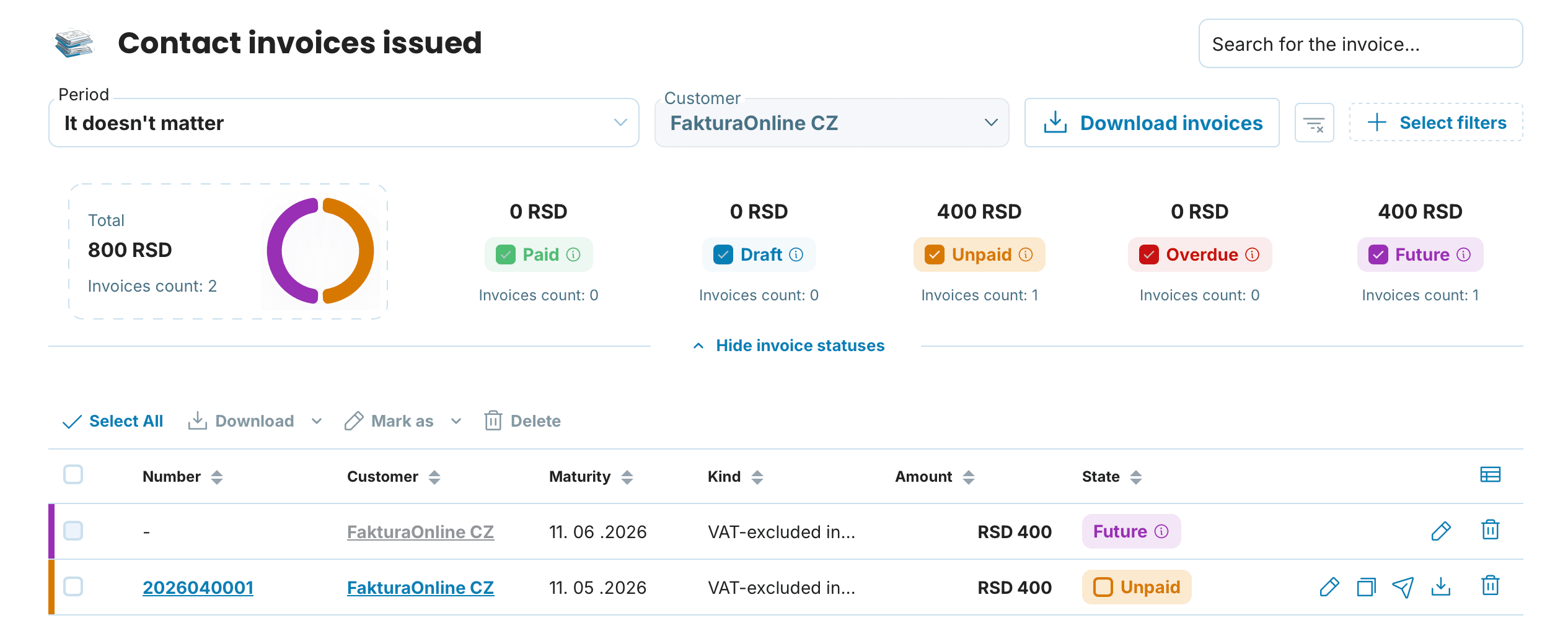 Contact invoices issued preview