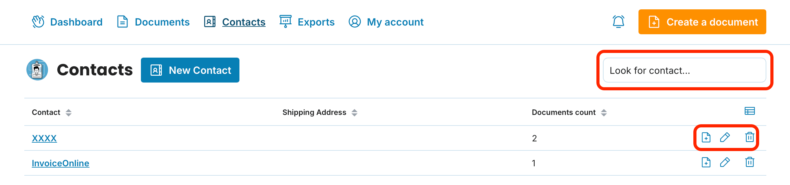 Contacts actions preview
