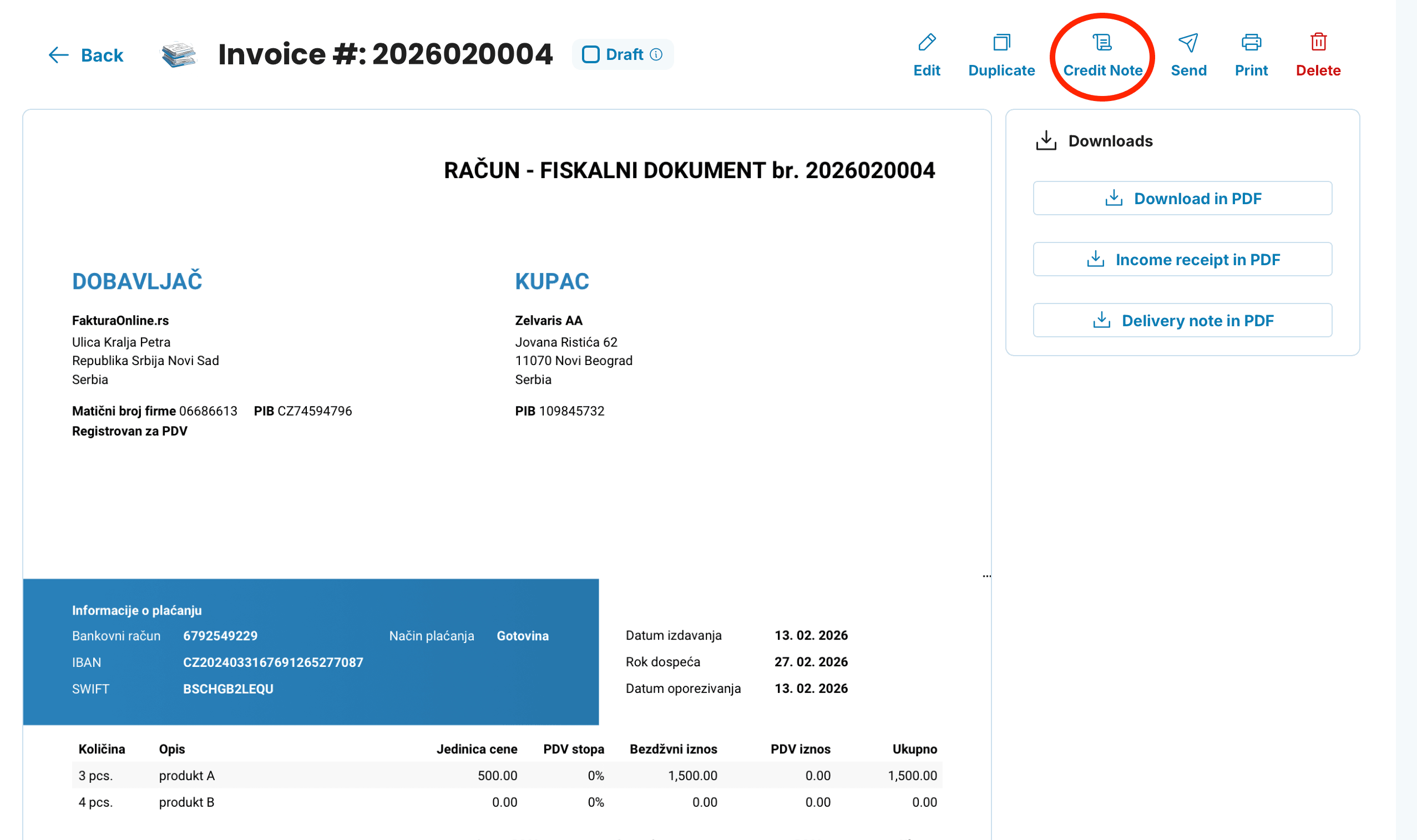 credit note preview