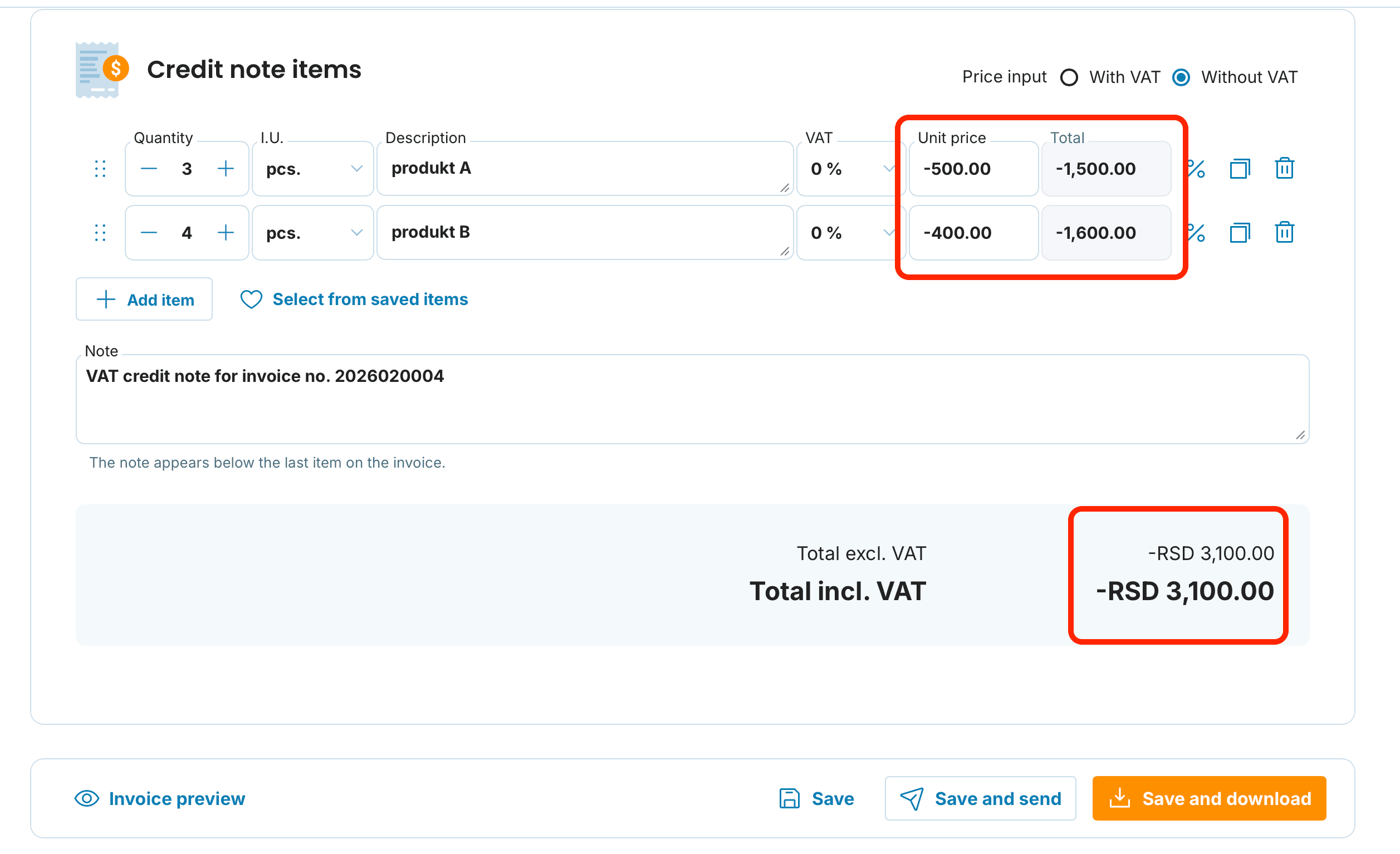 Credit note items preview