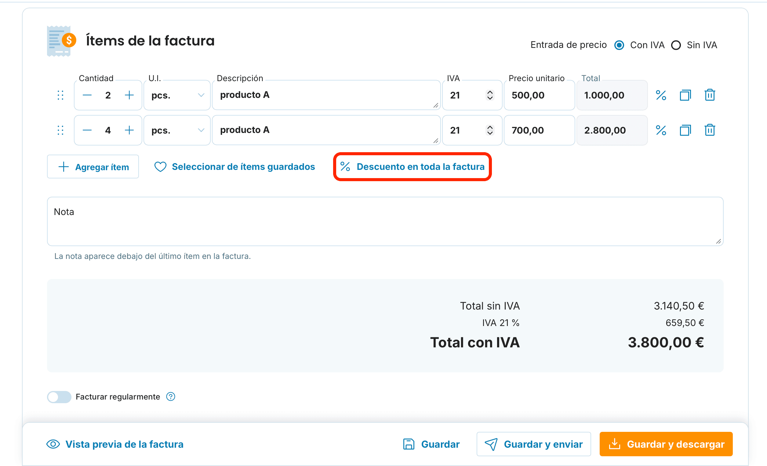 Descuento en factura preview