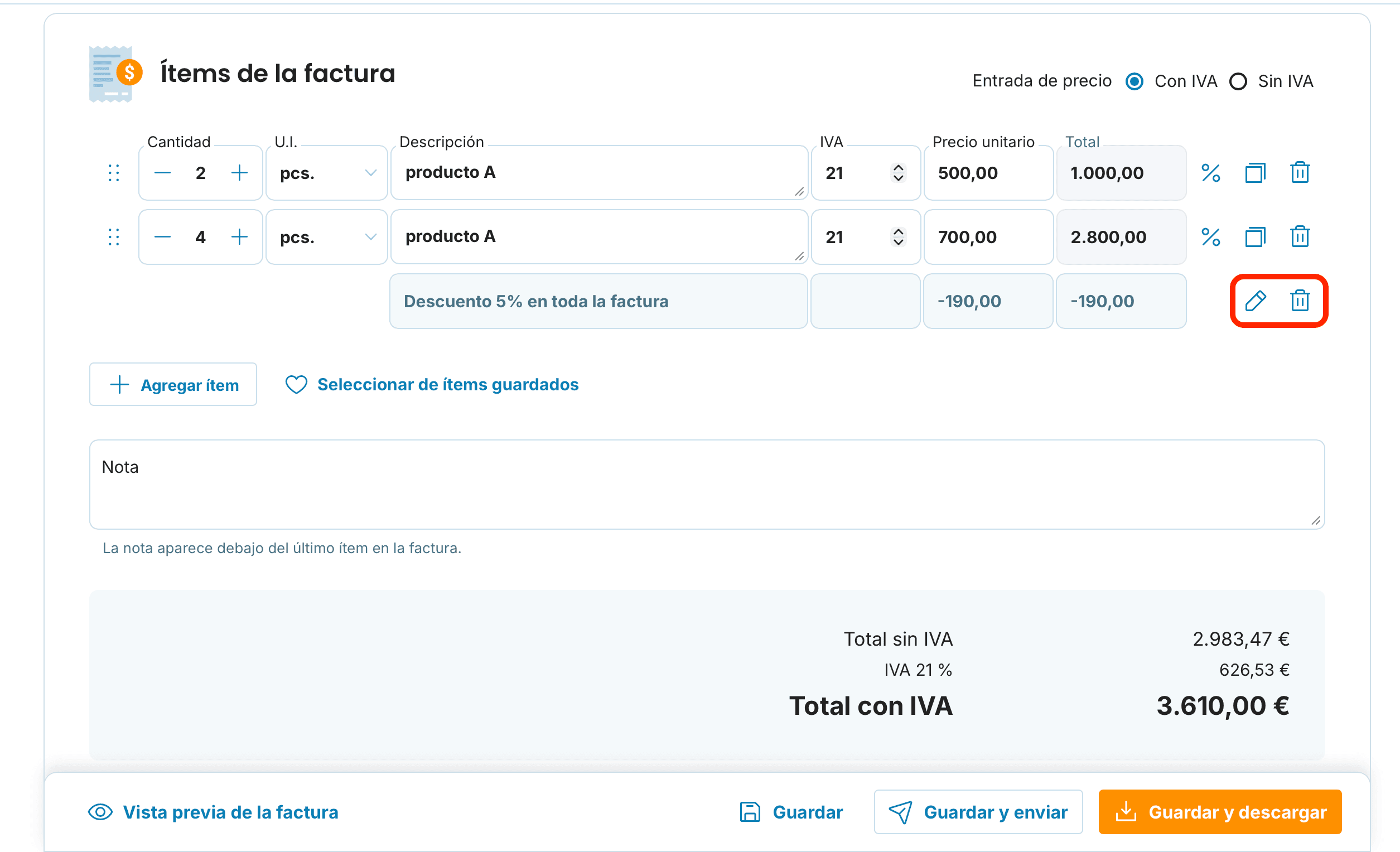 Descuento en factura edit preview