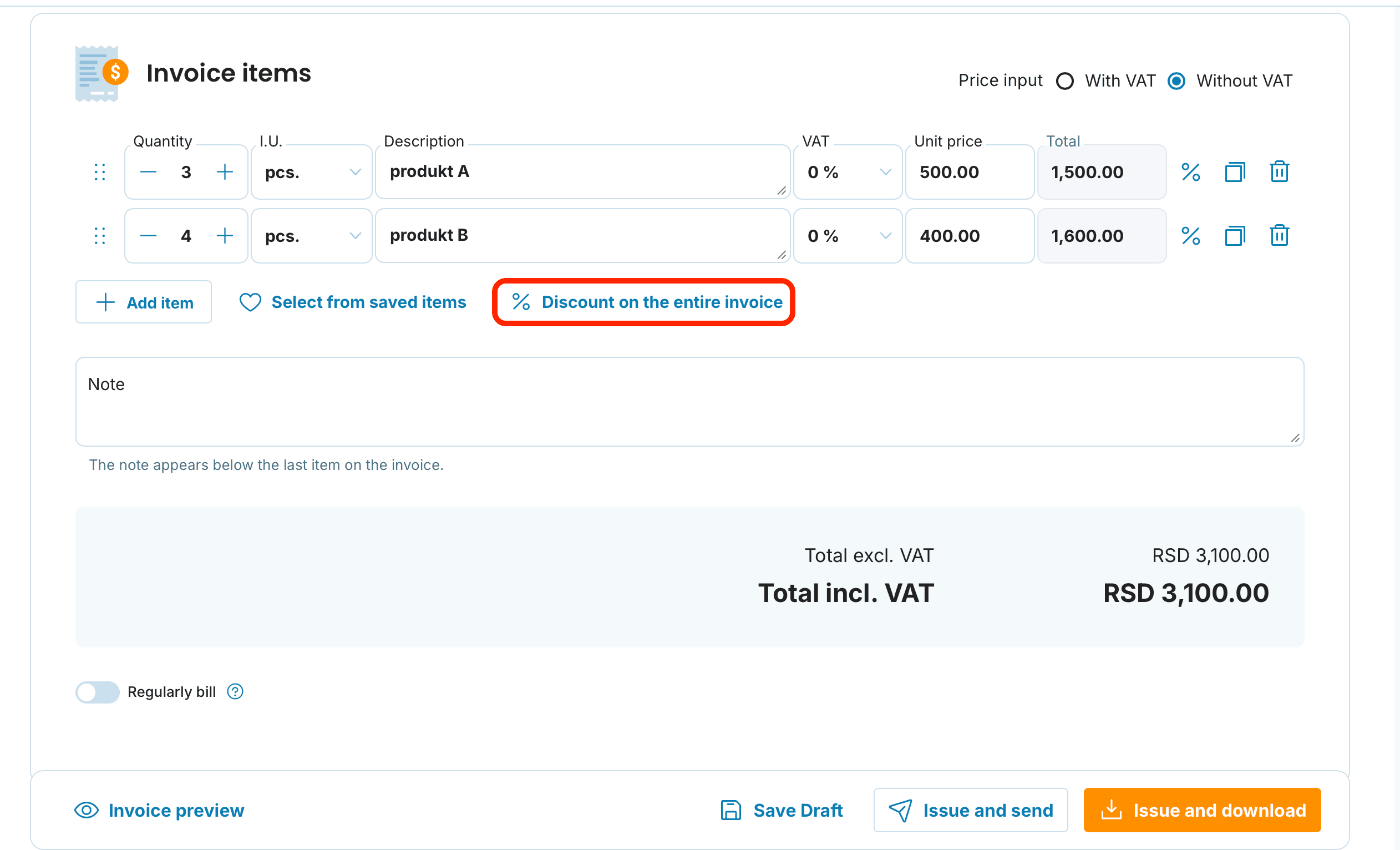 Discount on the entire invoice preview