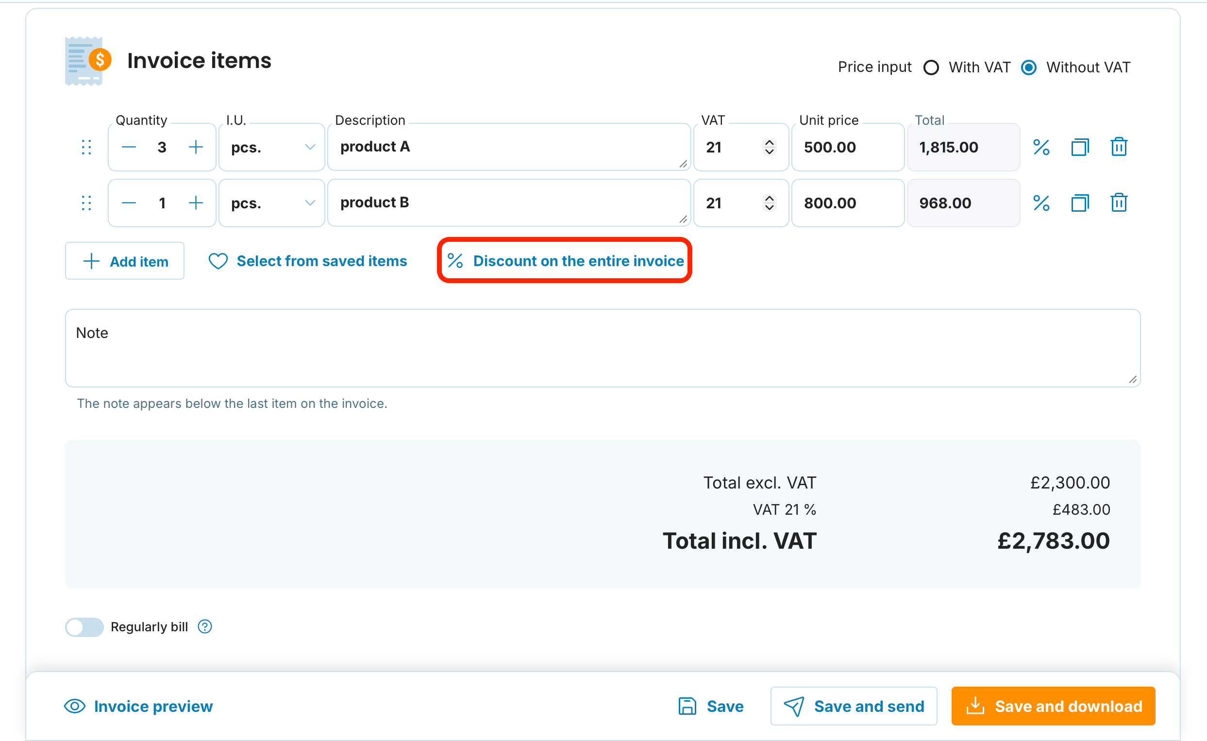Discount on the entire invoice preview