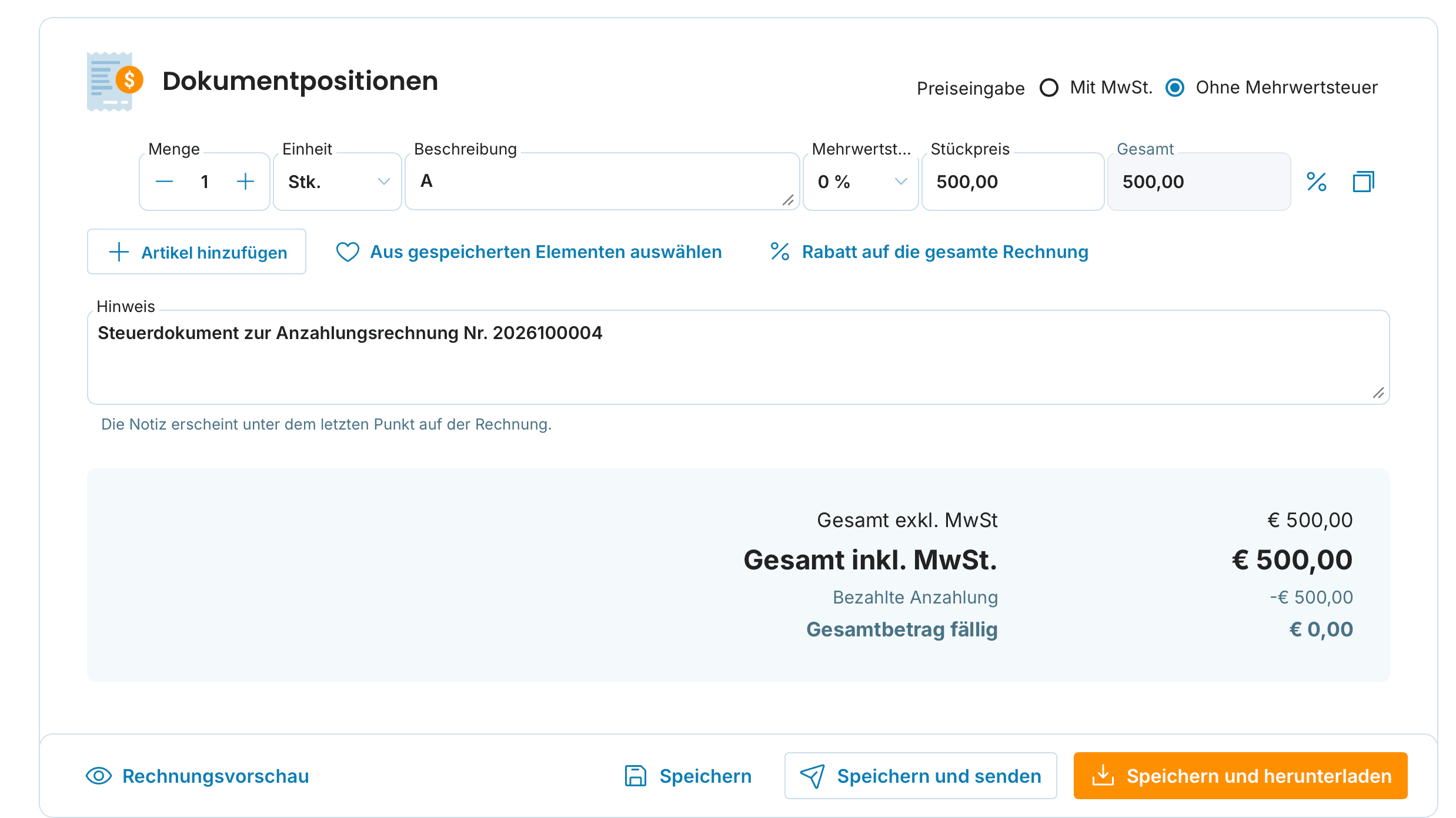 Dokumentpositionen der Endrechnung mit abgezogener Anzahlung