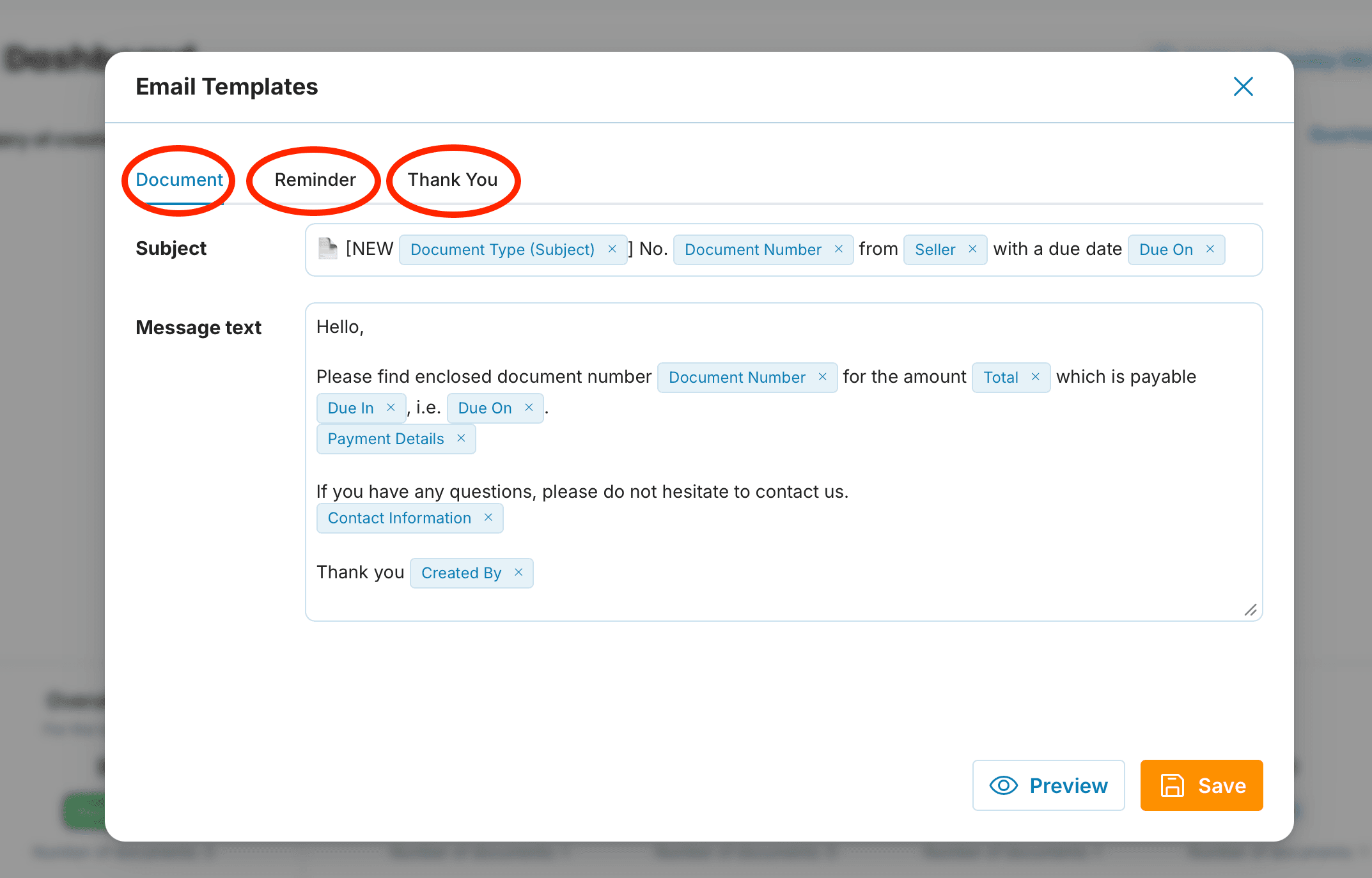 E-mail Templates settings preview