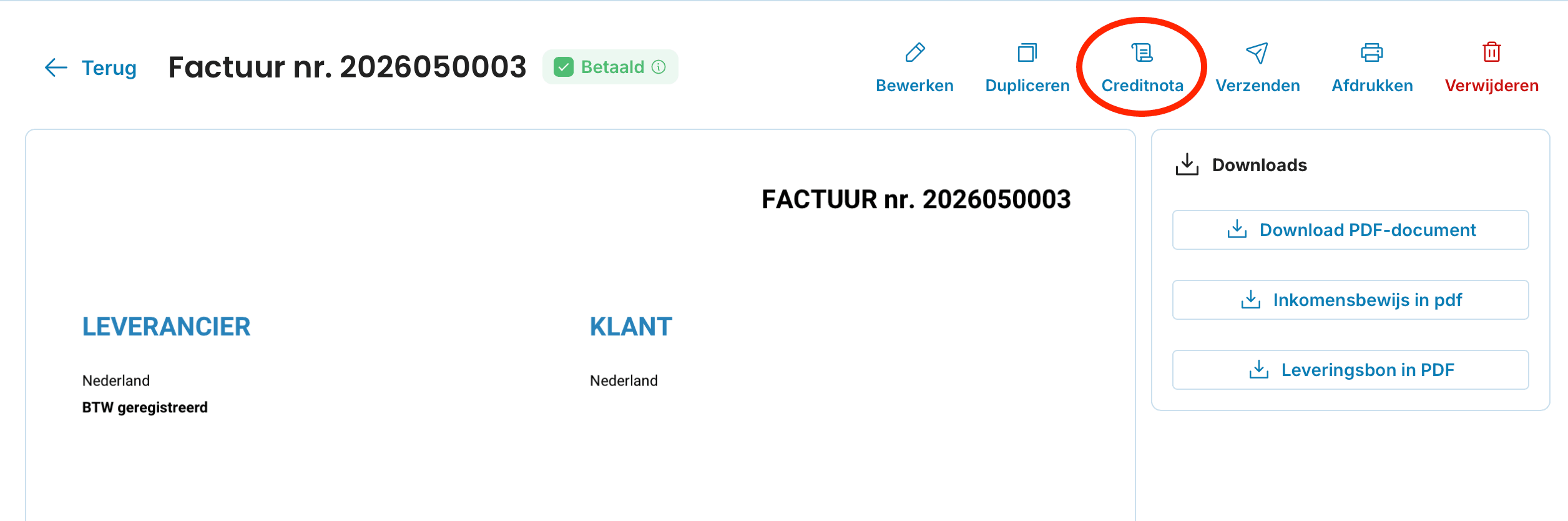 Een al uitgegeven factuur preview