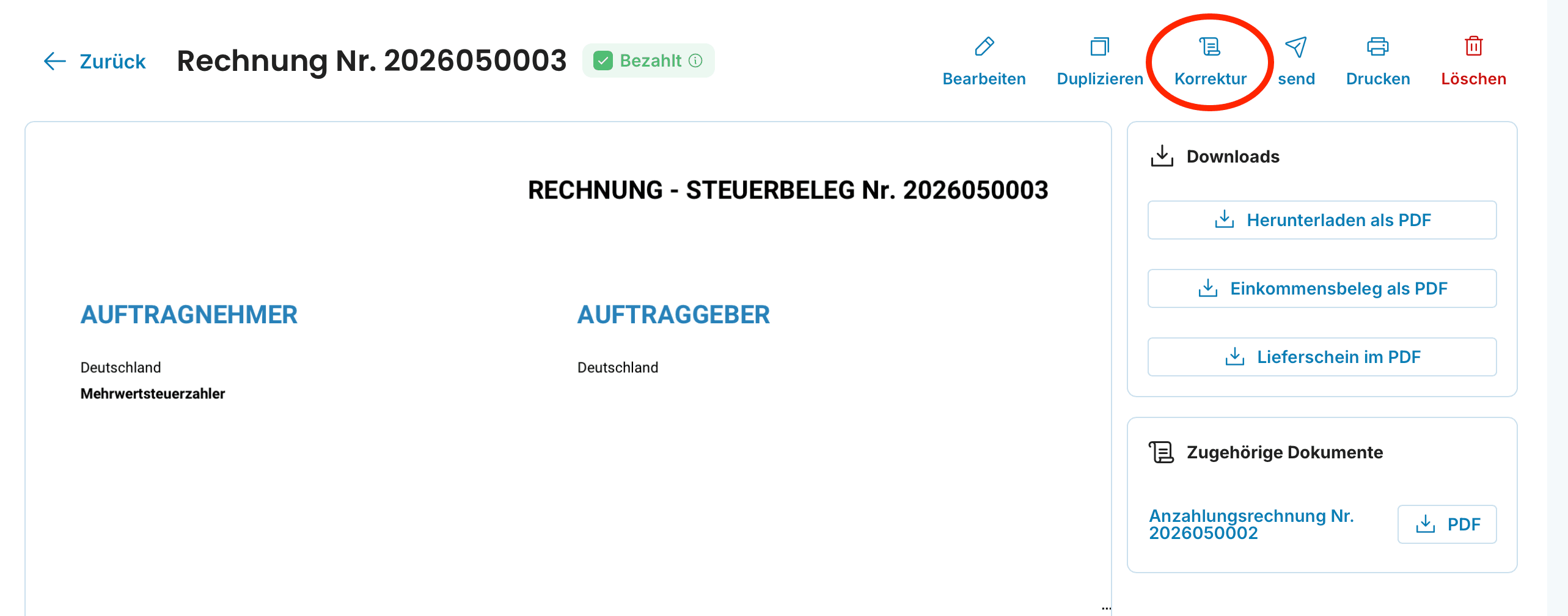 Eine bereits ausgestellte Rechnung preview