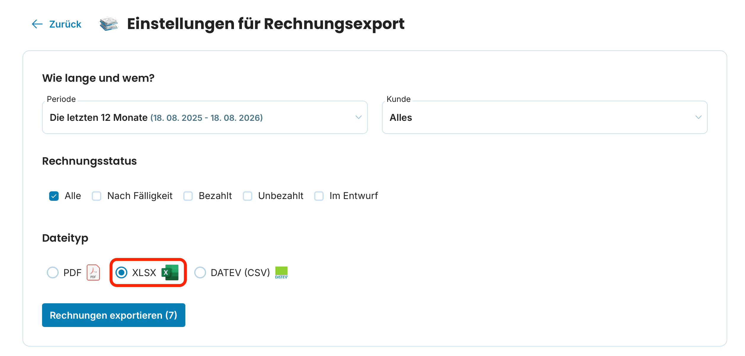 Einstellungen für Rechnungsexport preview