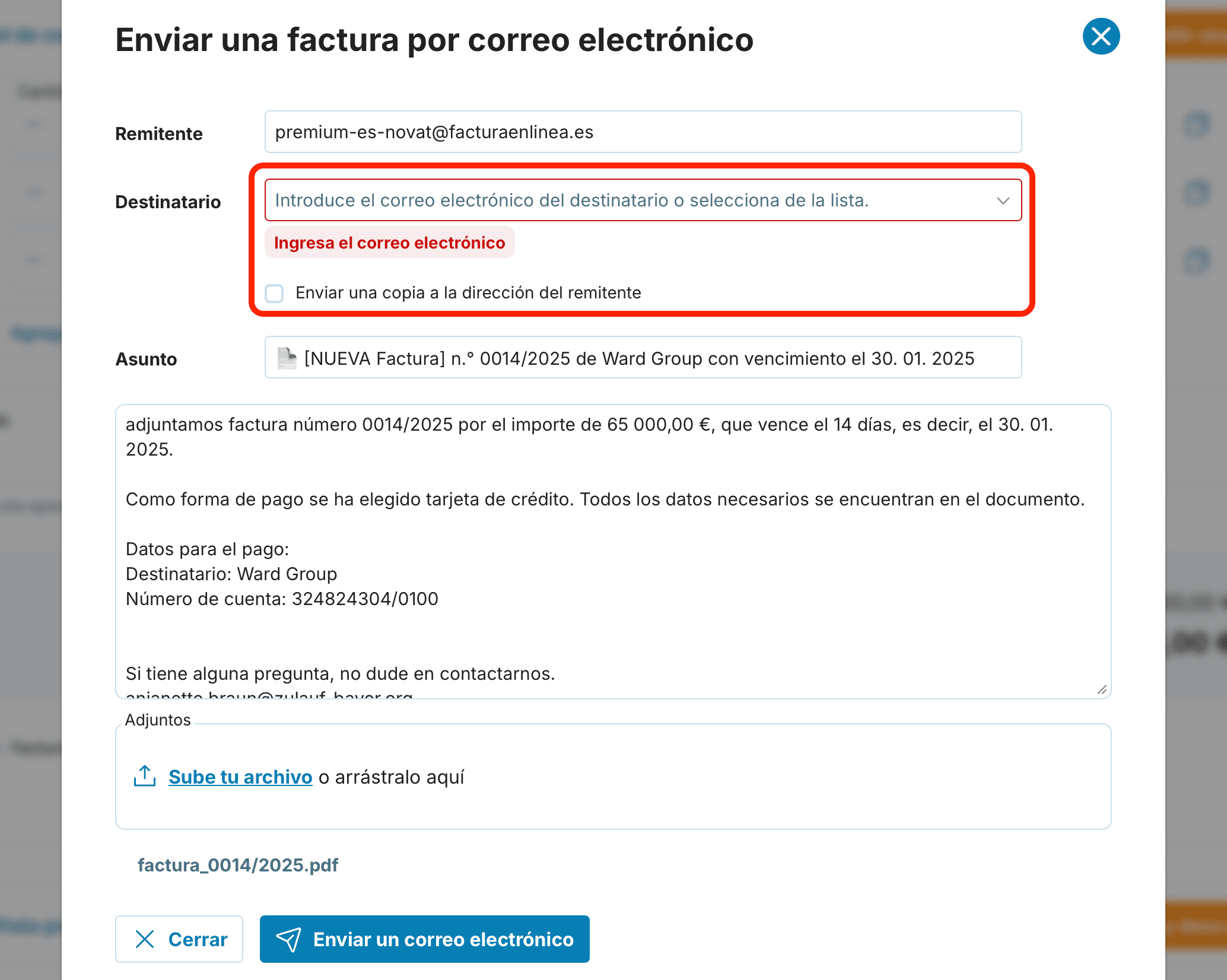 Enviar una factura por correo electrónico preview