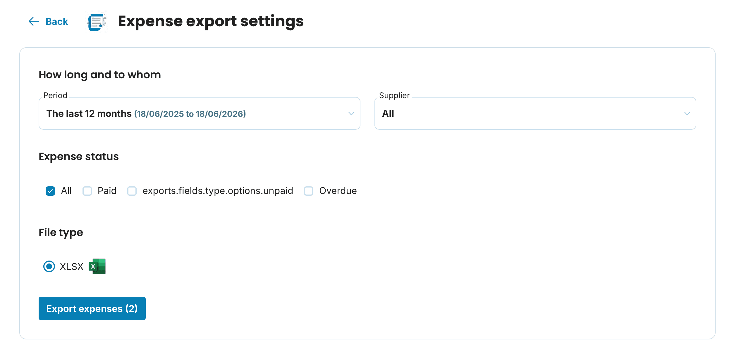 Expense export settings preview