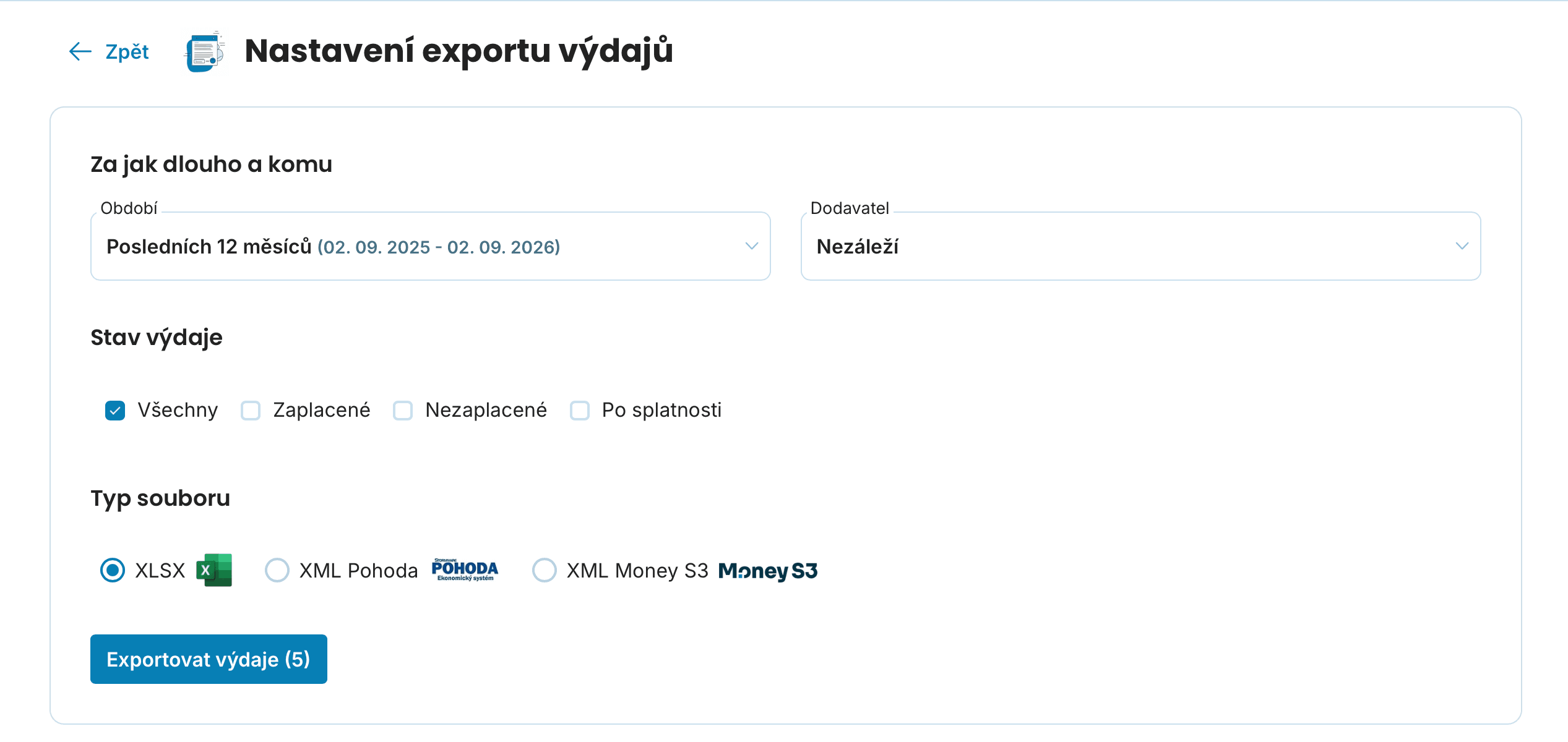 Export výdajů nastavení preview