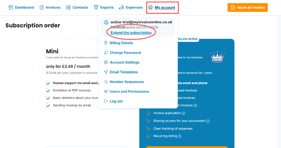 Extending the subscription myinvoiceonline.co.uk