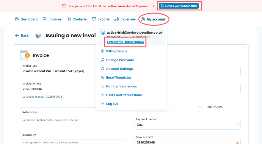 Extension of the tariff in the account preview