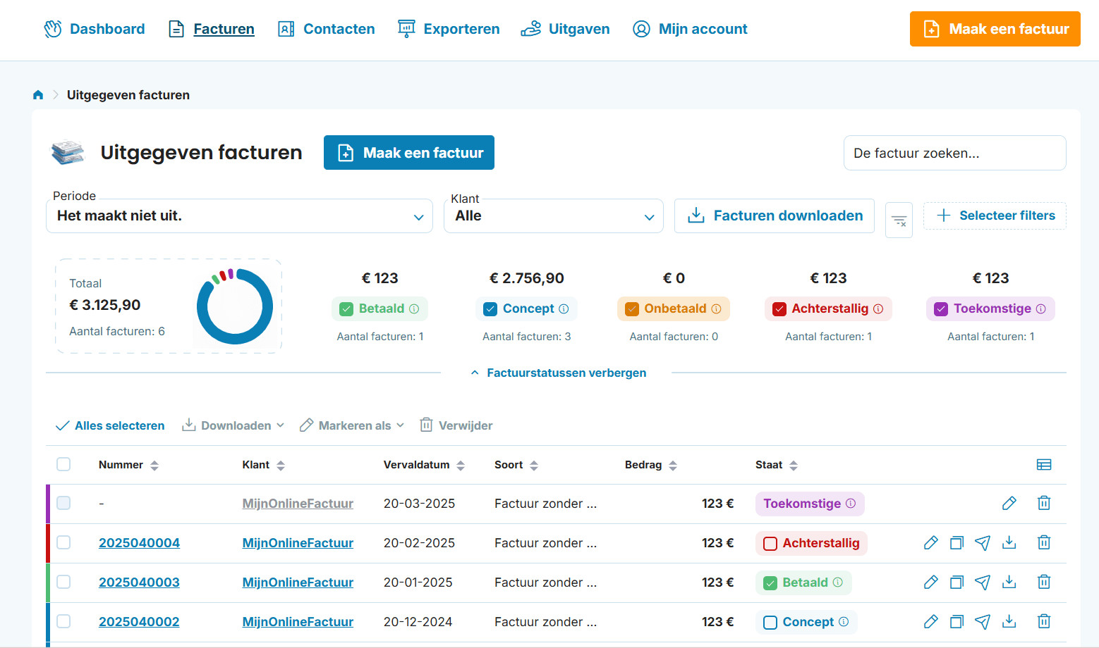 Weergave van de pagina facturen op mijn-online-factuur.nl
