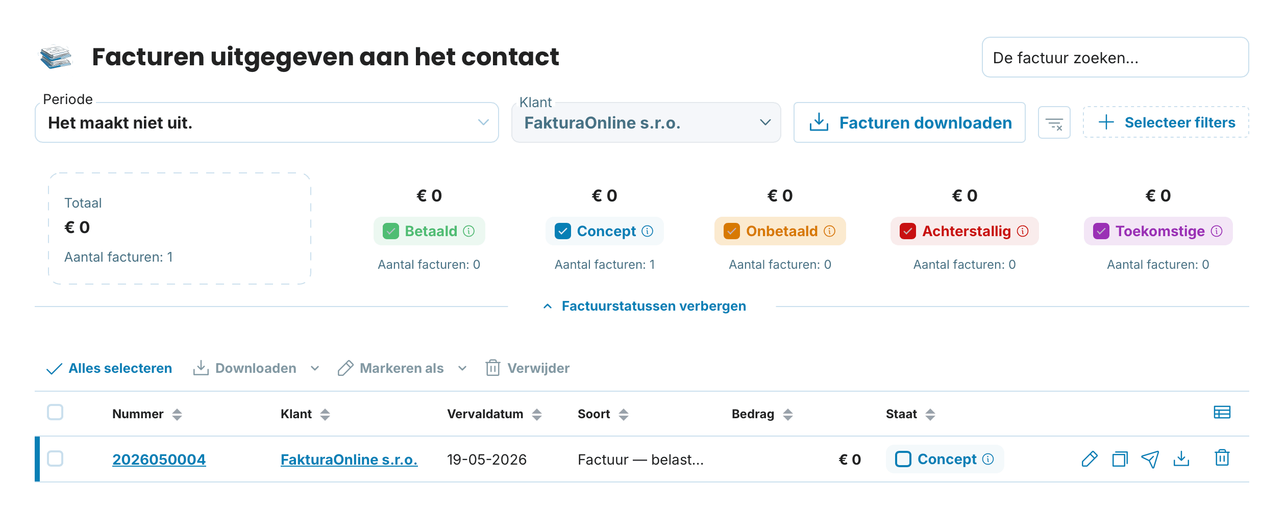 Facturen uitgegeven aan het contact preview