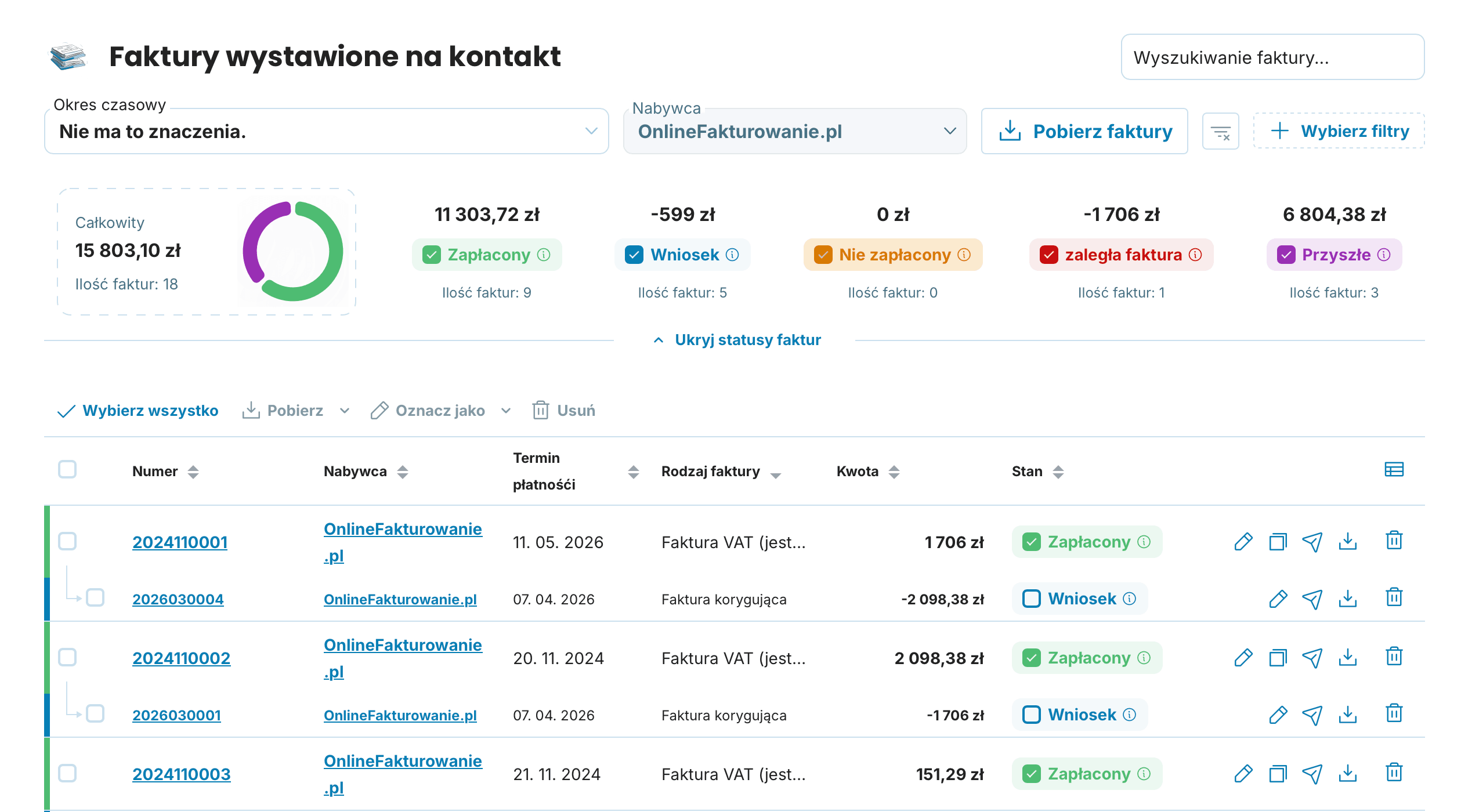 Faktury wystawione na kontakt preview