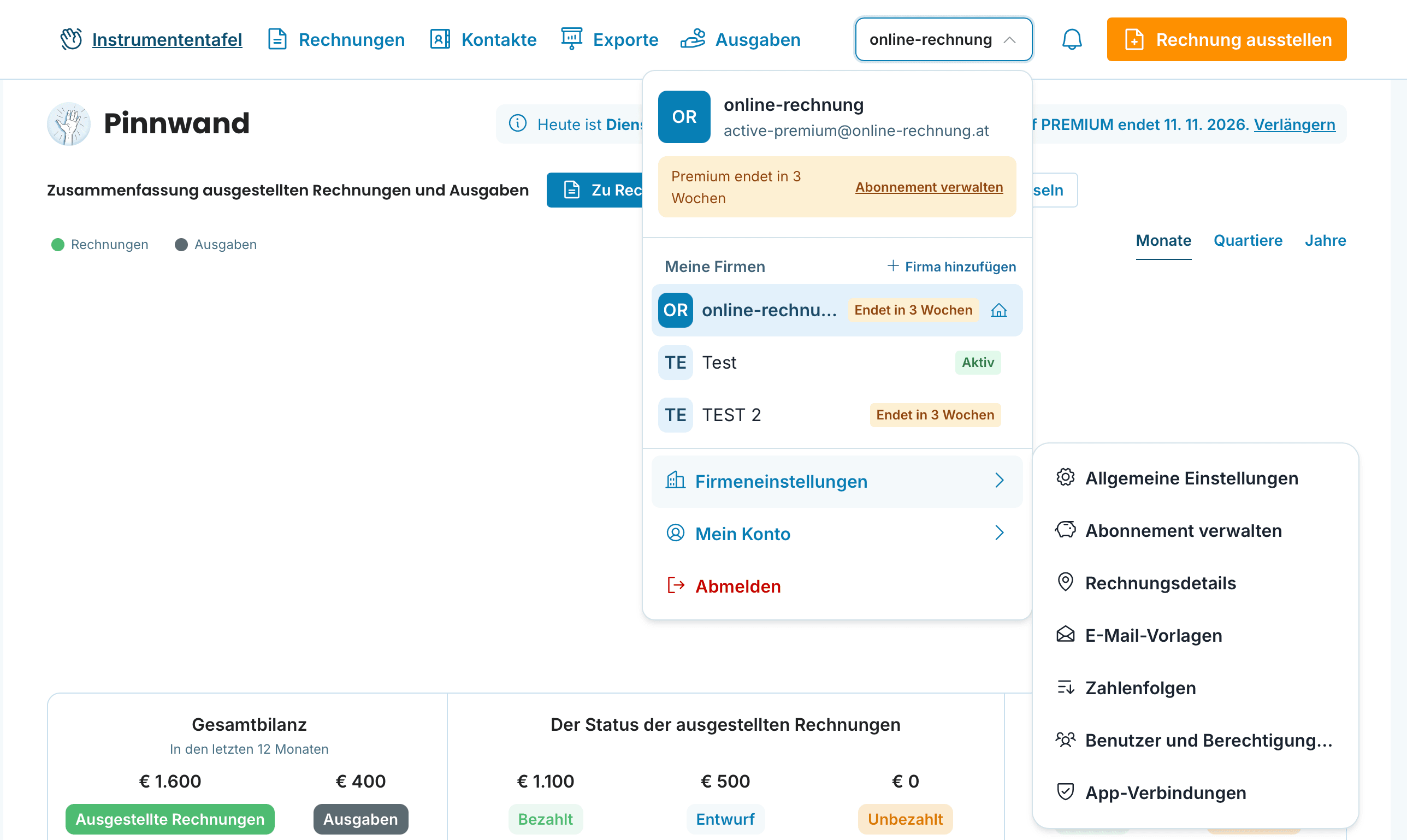 Firmenmenü mit Meine Firmen, Firmeneinstellungen und Mein Konto in OnlineRechnung
