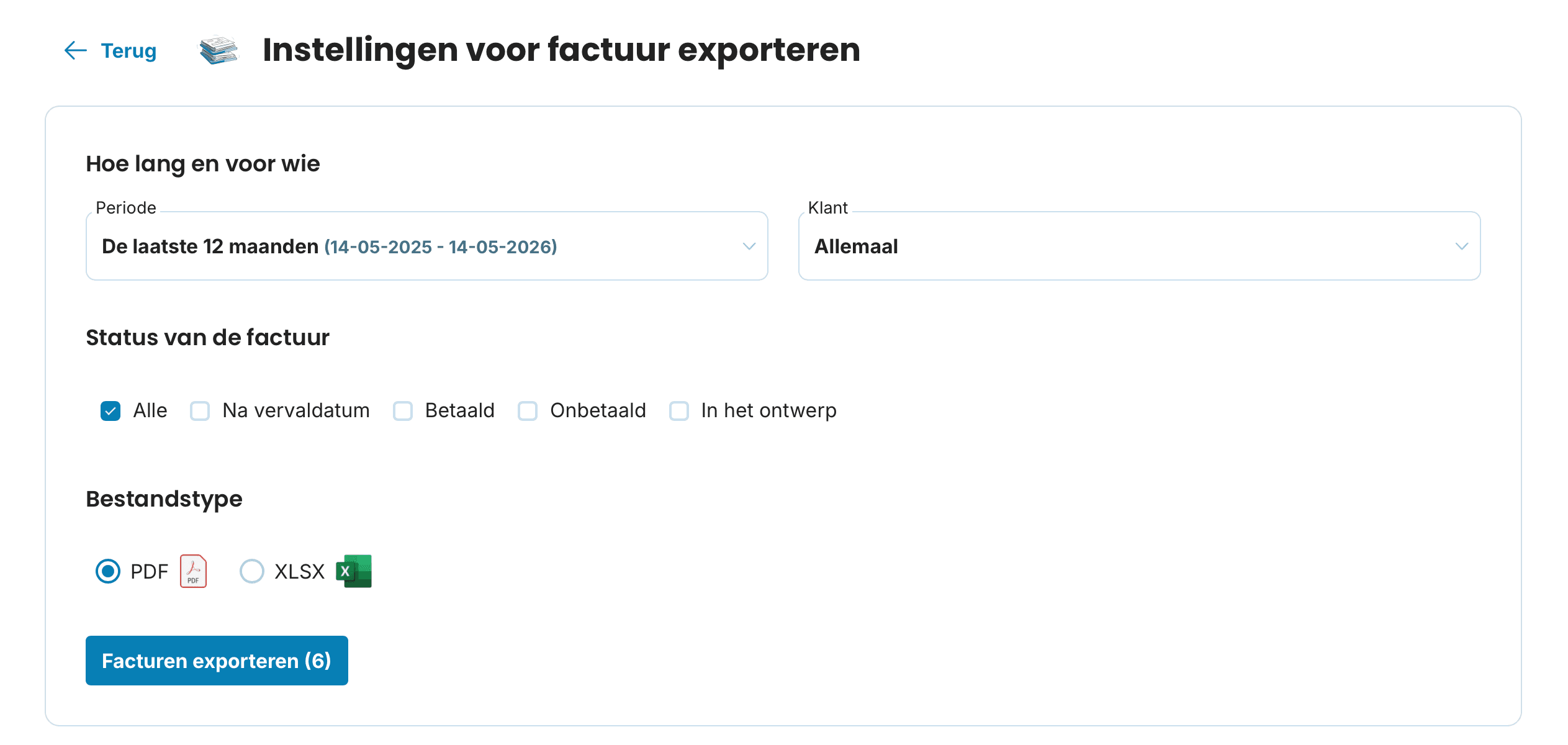 Instellingen voor factuur exporteren preview