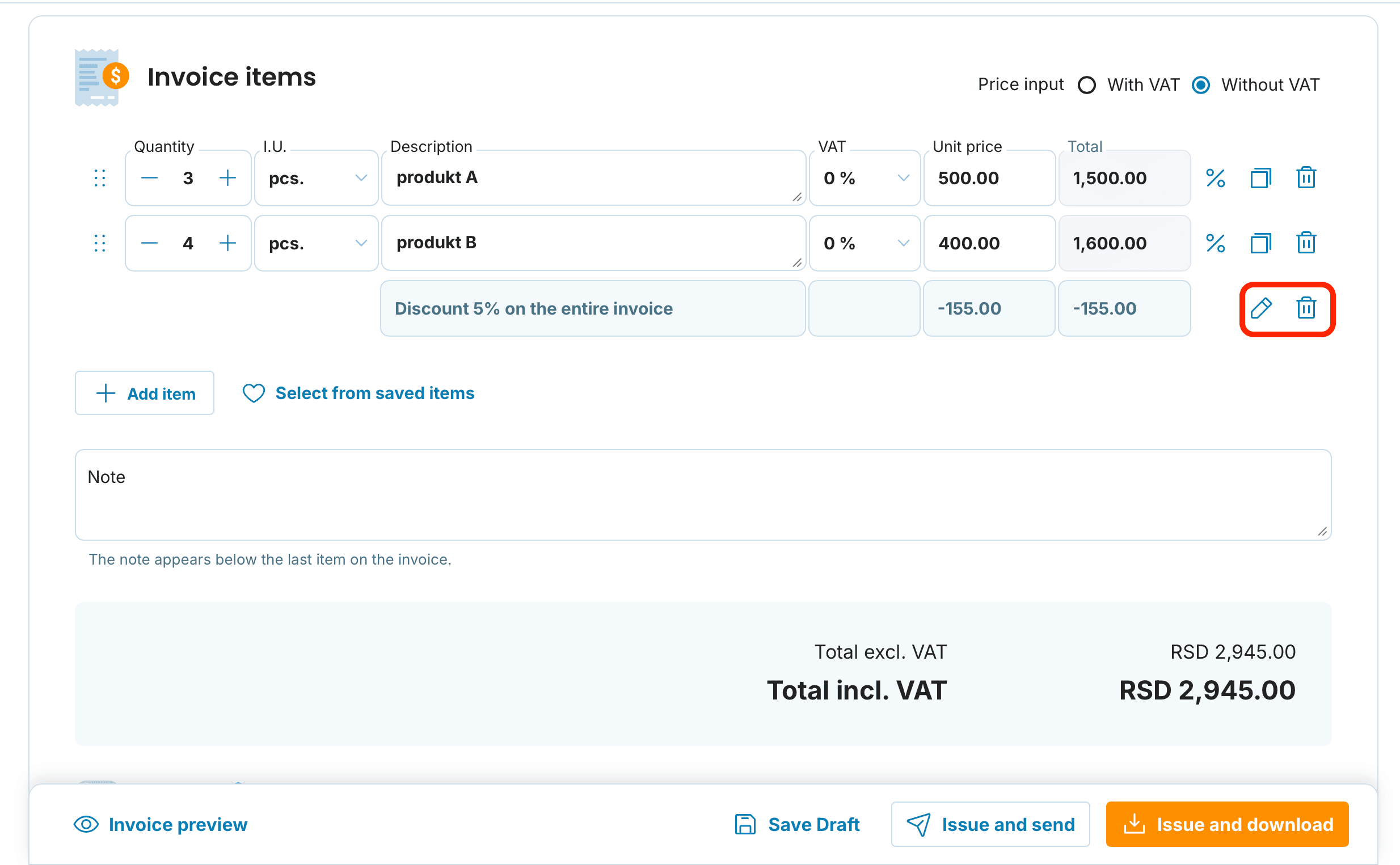 Invoice discount edit preview