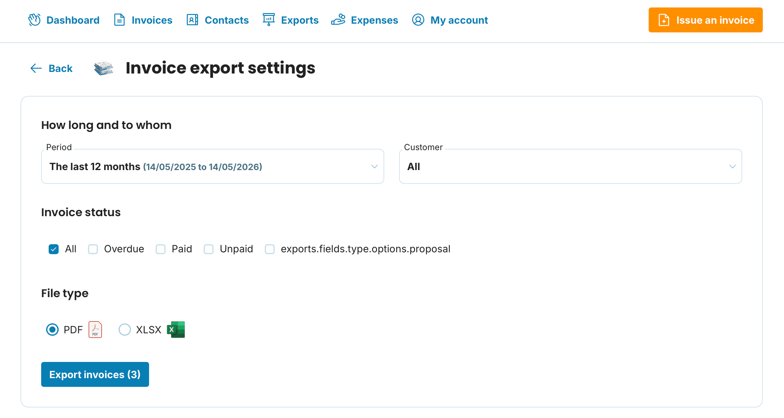 Invoice export settings preview