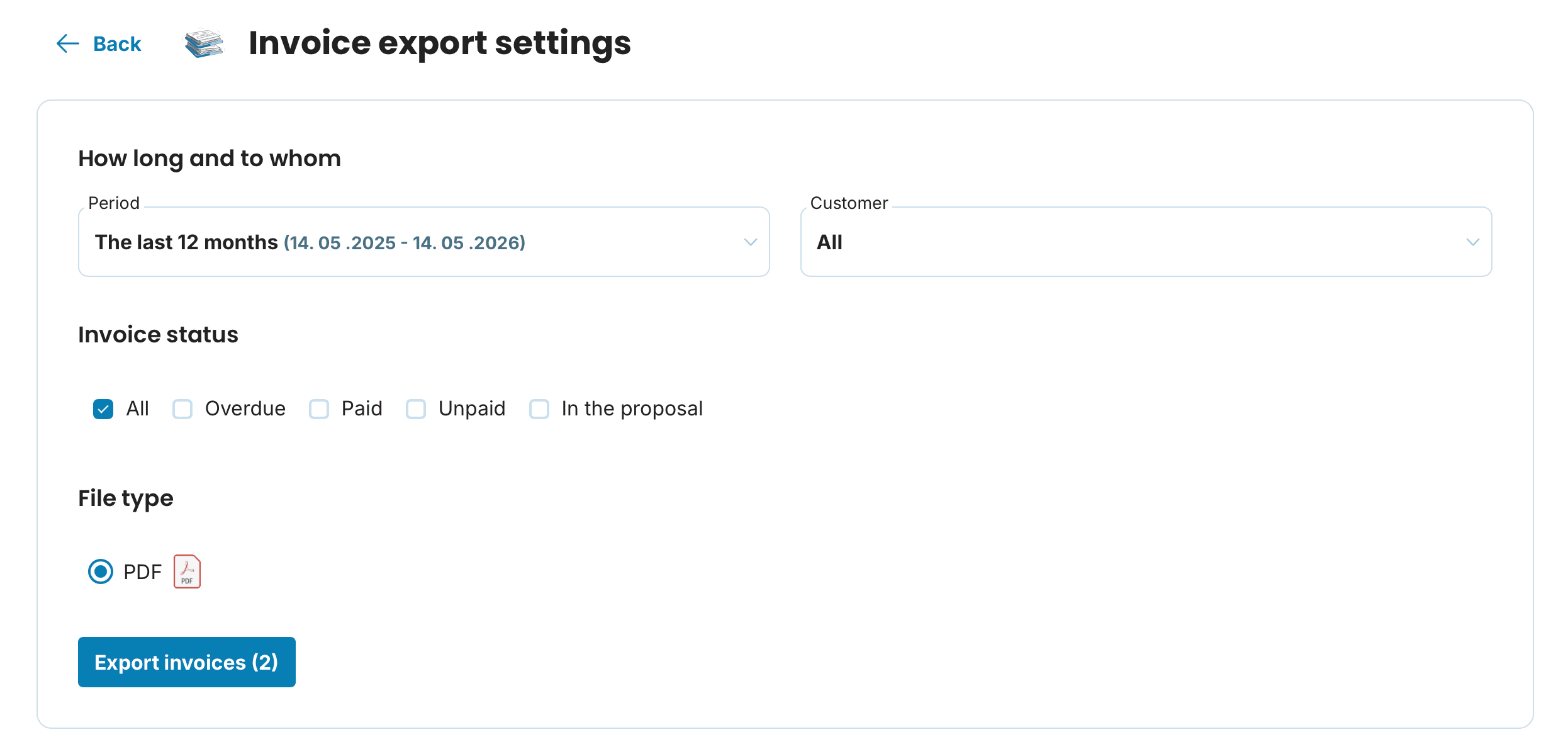 Invoice export settings preview