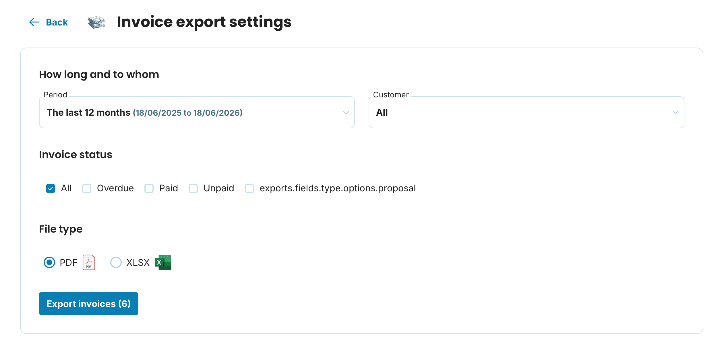 Invoice export settings preview