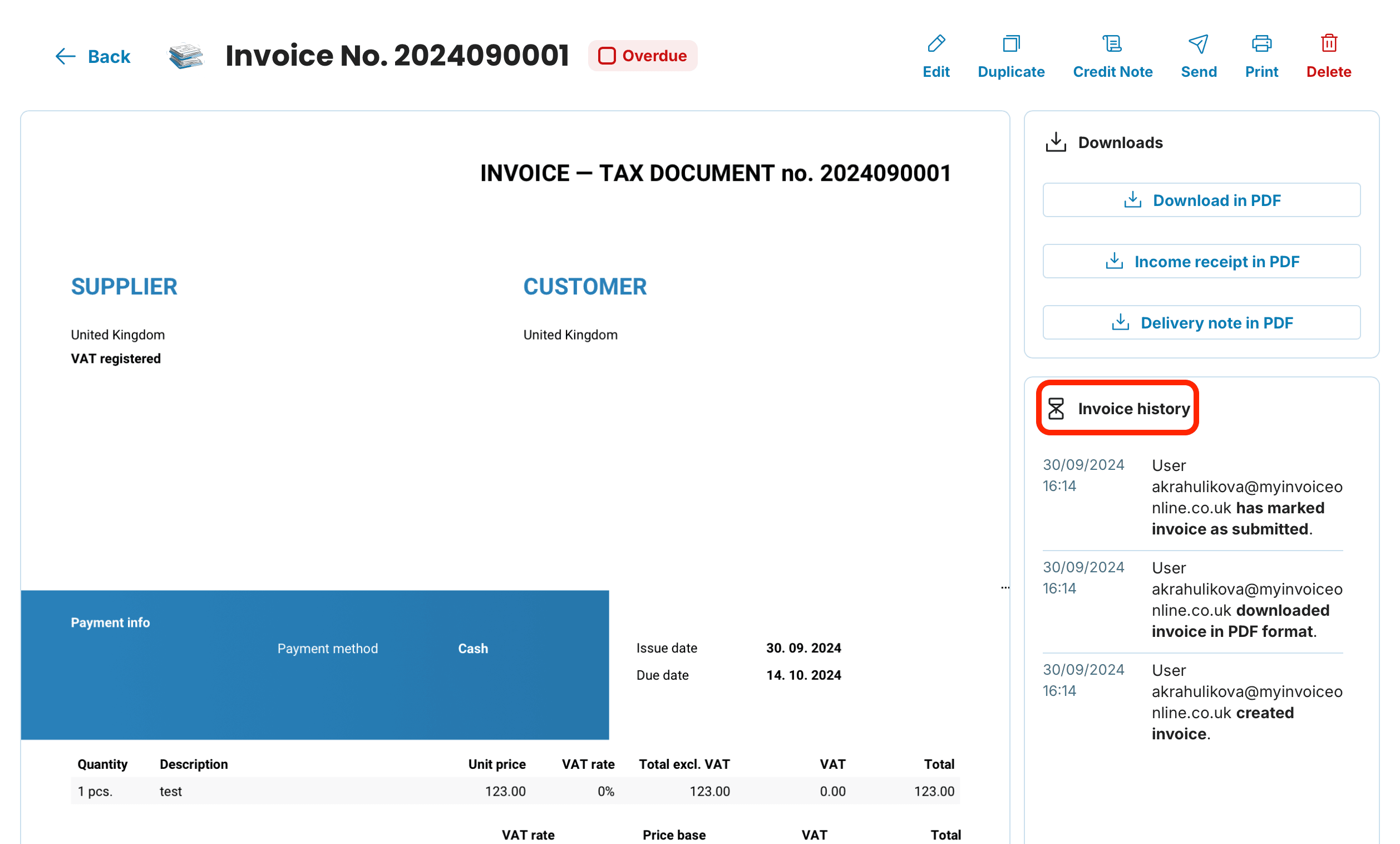 Invoice history preview
