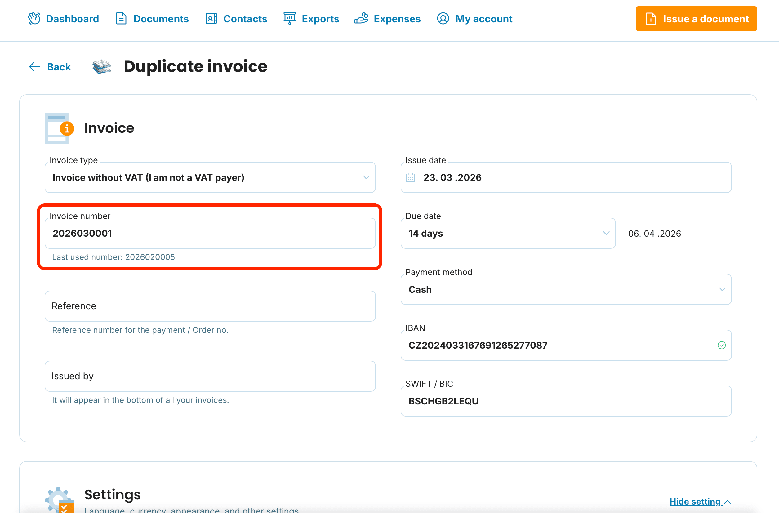 Invoice number preview