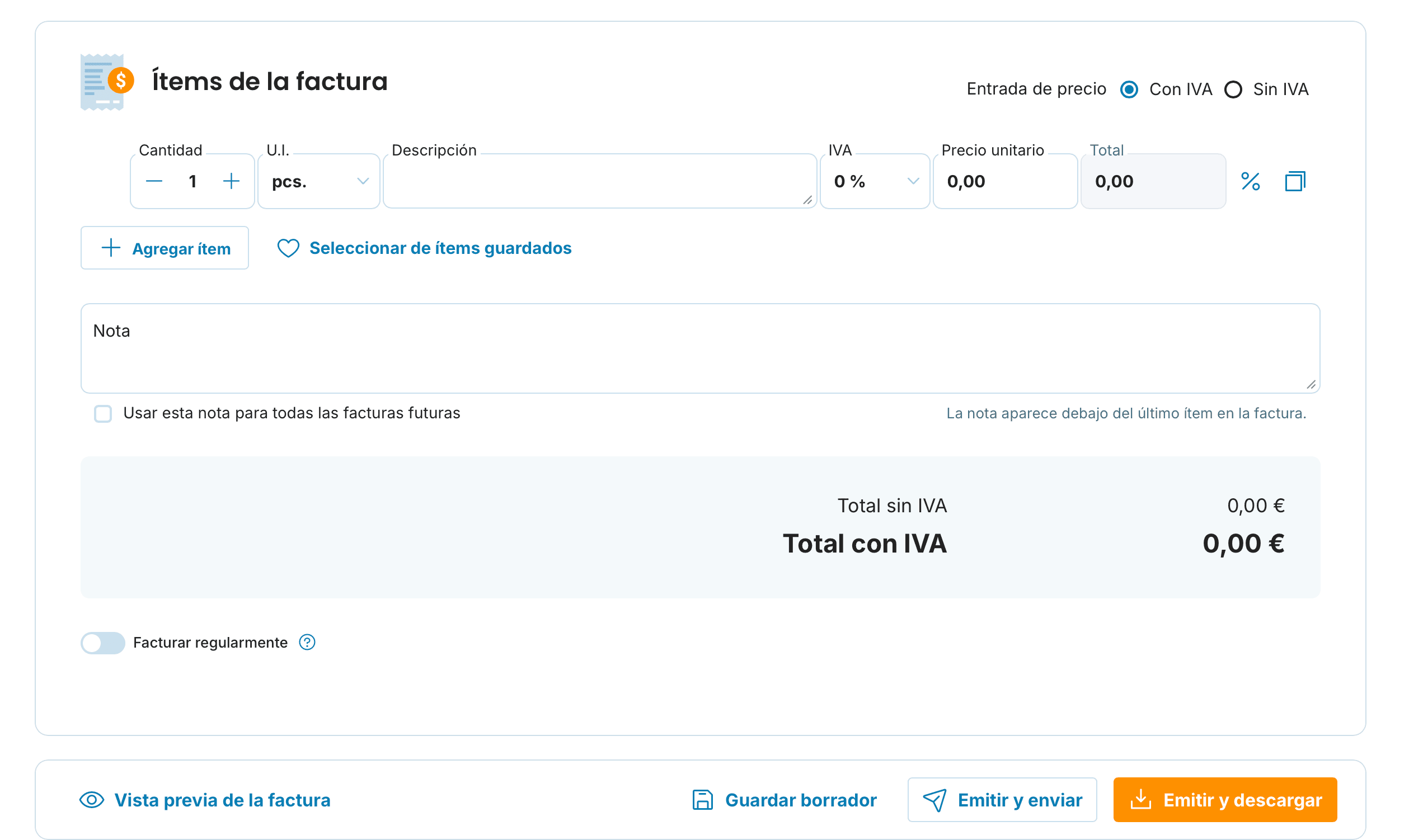 Ítems de la factura preview
