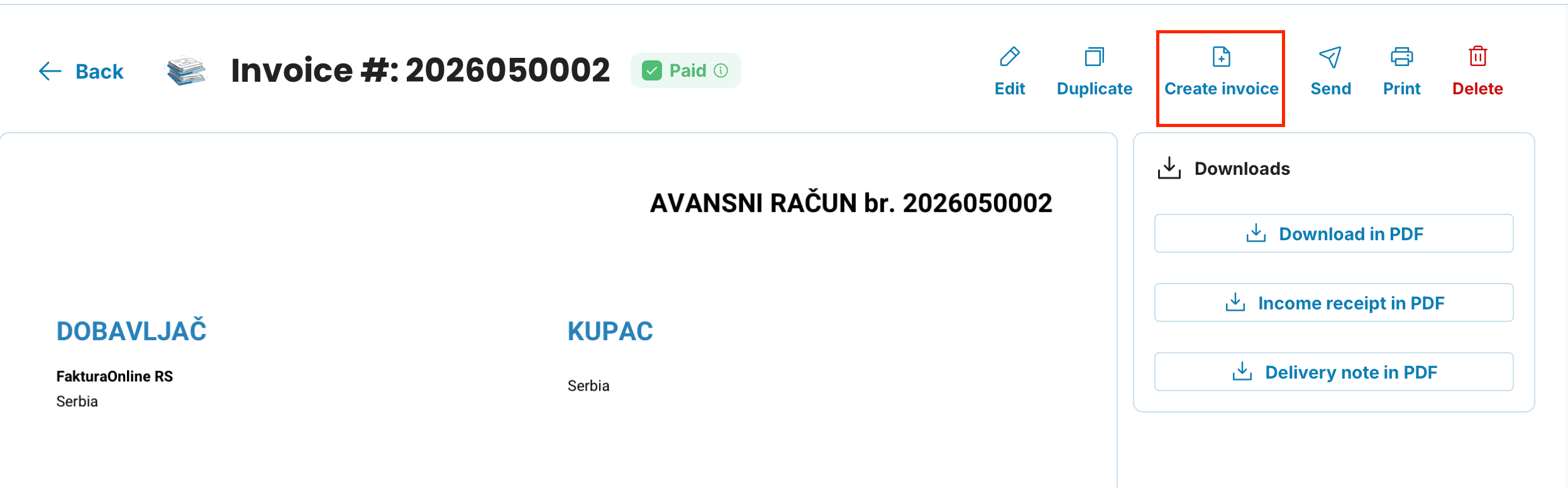 Kako izdati fakturu na osnovu avansnog računa - SR -1