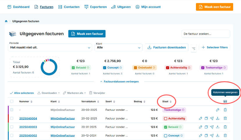 Functie Kolommen, Status in mijn-online-factuur.nl