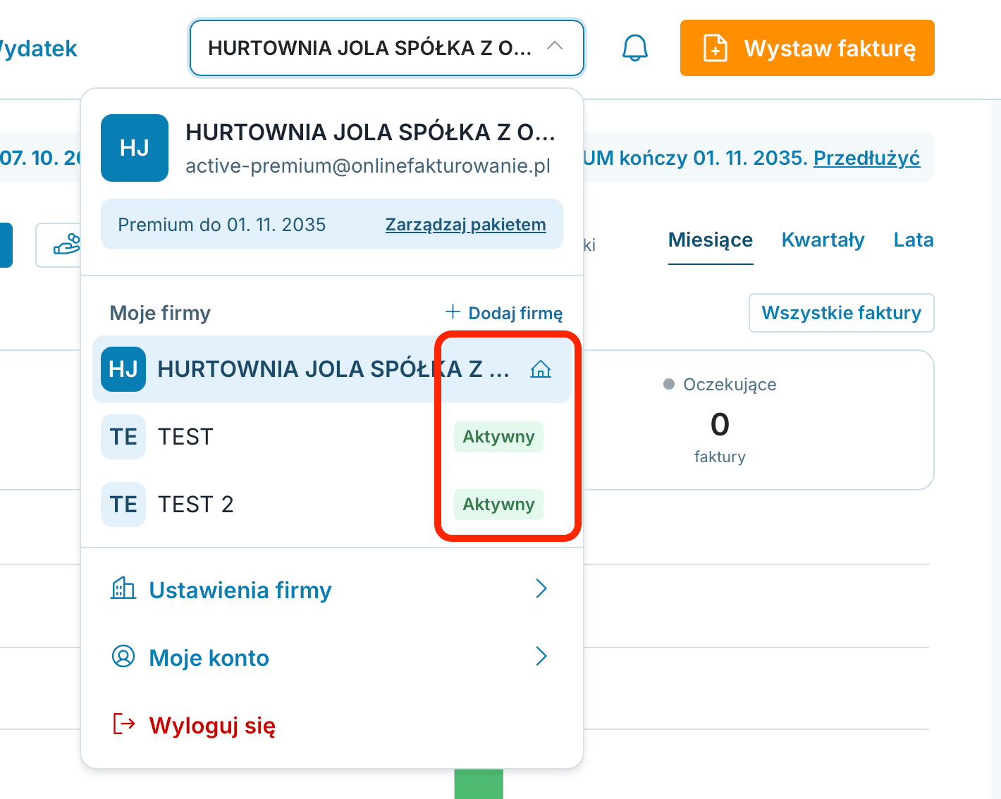Moje firmy z wyróżnioną wybraną firmą i etykietami preview