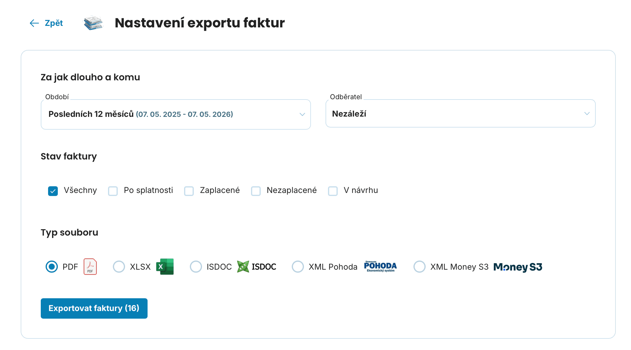 Nastavení exportu faktur preview