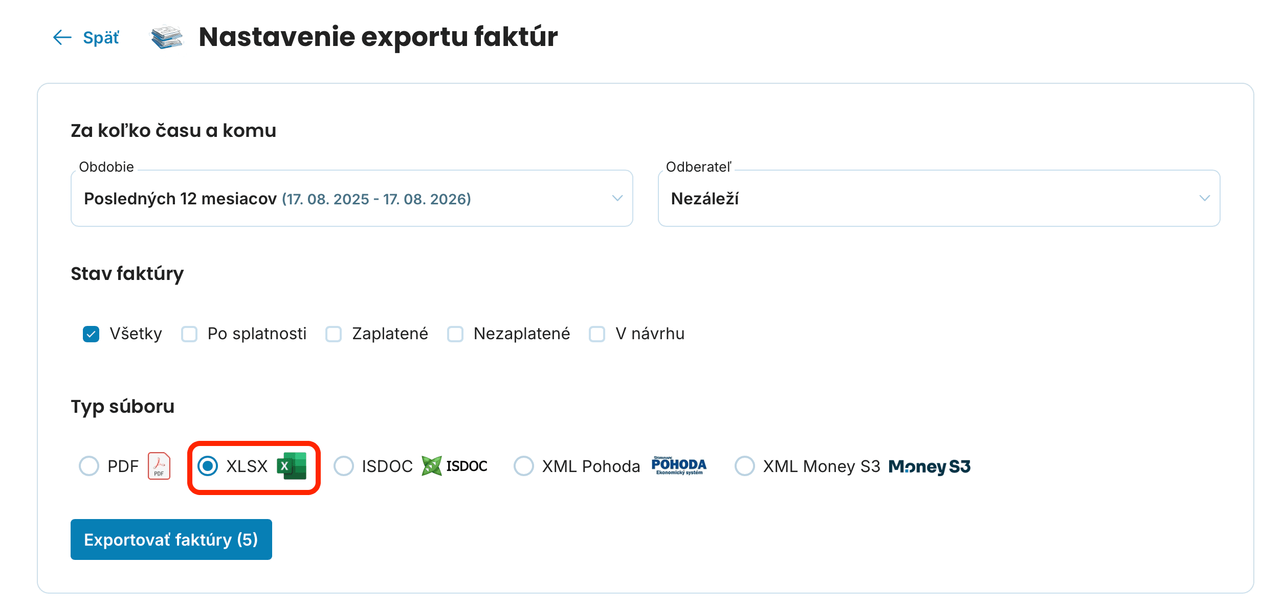 Nastavenie exportu faktúr preview
