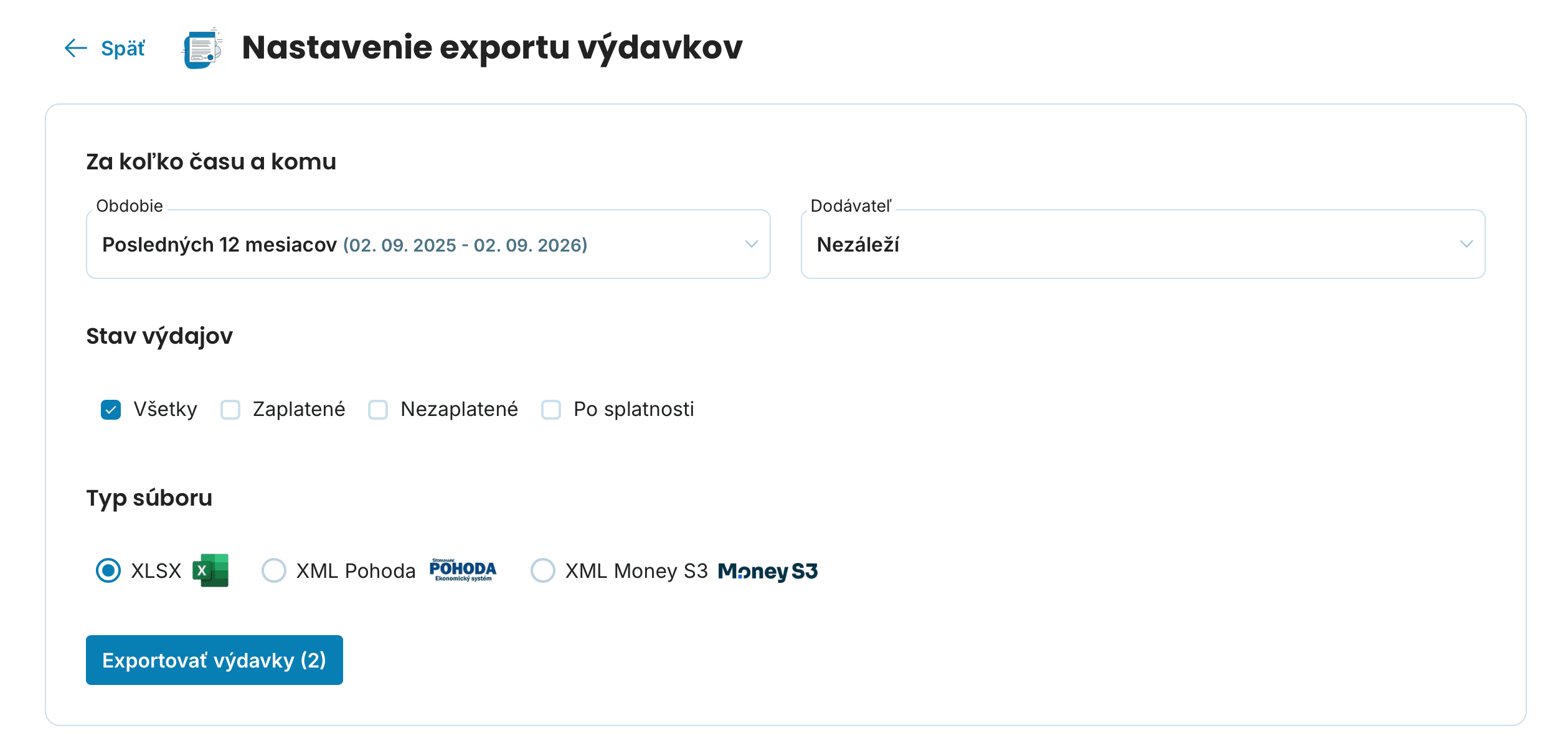 Nastavenie exportu výdavkov preview