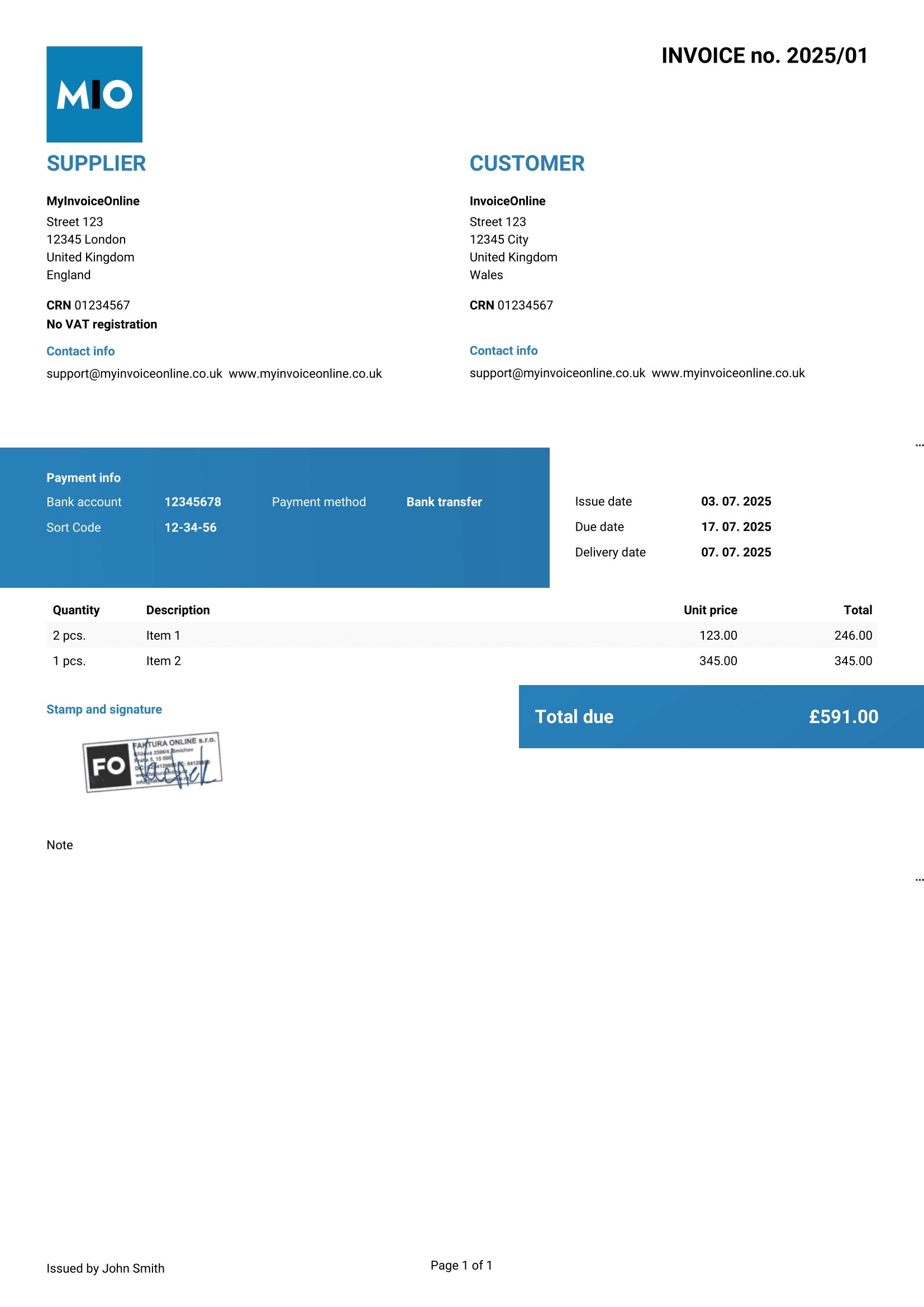 Non-VAT invoice template